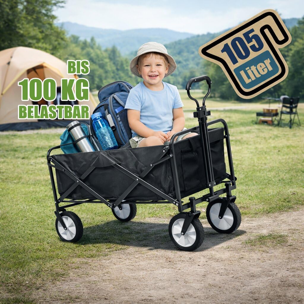 BigDean Bollerwagen faltbar 105L bis 100 kg belastbar klappbarer Handwagen | mit ausziehbarer Deichsel & Netztaschen – Bollerwagen faltbar Kinder Faltbarer Bollerwagen