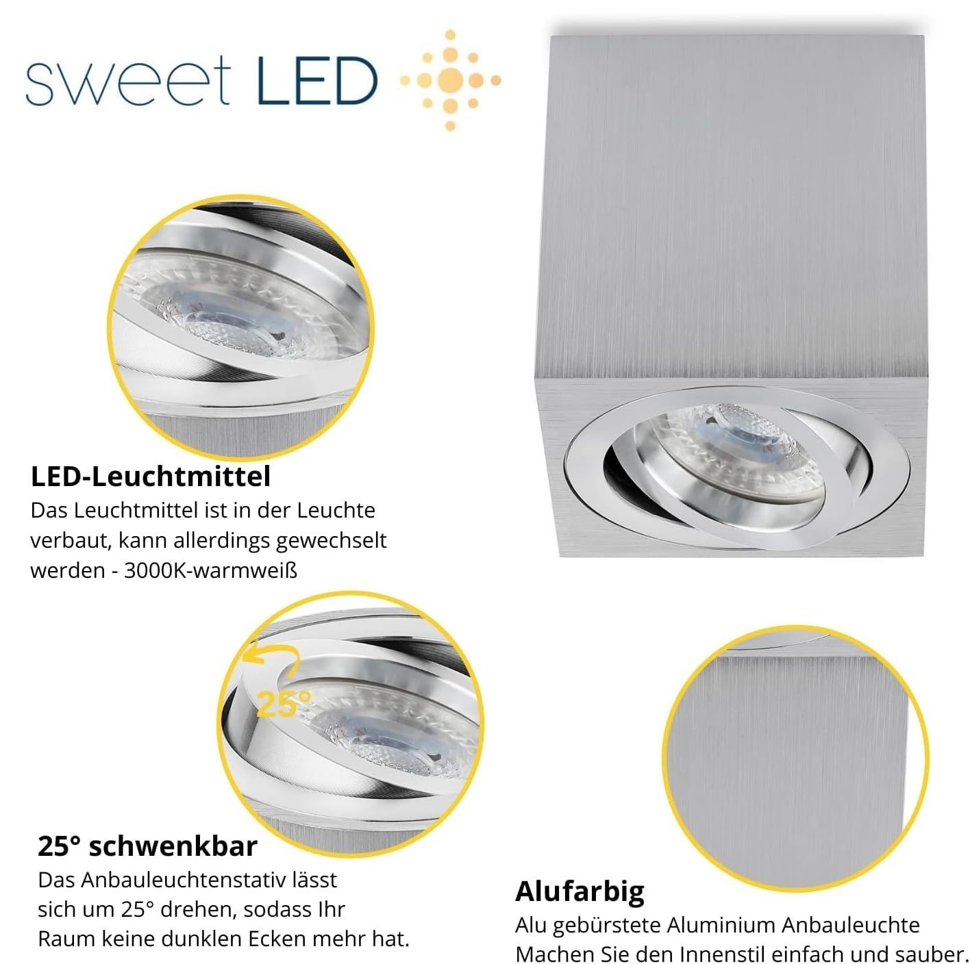 Sweet Led Aufbaustrahler aus Aluminium - 4x Deckenspots 7W 3000K warmweiß - LED Aufbauspot alu gebürstet Eckig - Aufbauspot GU10 80x80x84 mm - Aufputz 230V schwenkbar