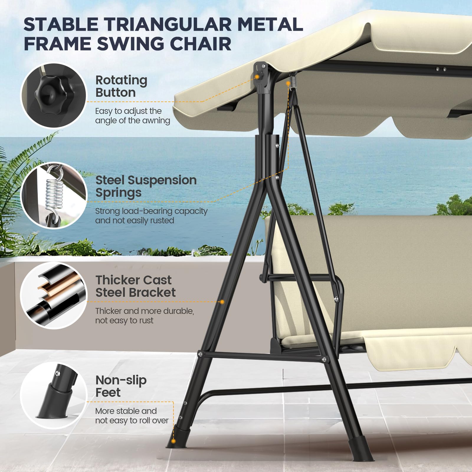 Balancelle de jardin 3 places avec toit pare-soleil réglable - Banc à bascule ergonomique résistant aux intempéries - Idéal pour le jardin, la terrasse - Montage facile - Beige