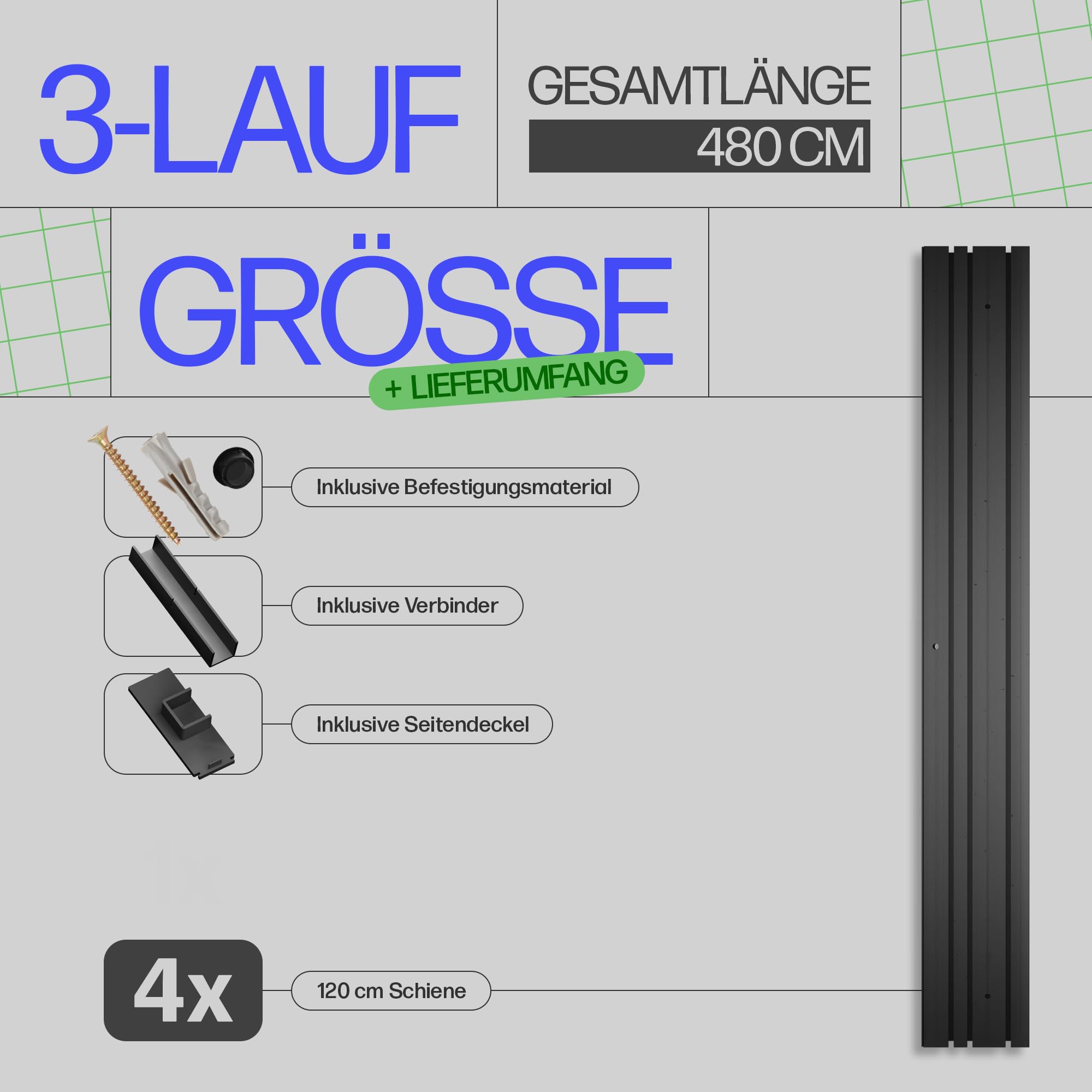 Bestlivings Gardinenschiene Schwarz (480cm / 3-läufig) Vorhangschiene Komplettset inkl. Zubehör (Befestigungs-Set, Seitendeckel, Gardinenröllchen)