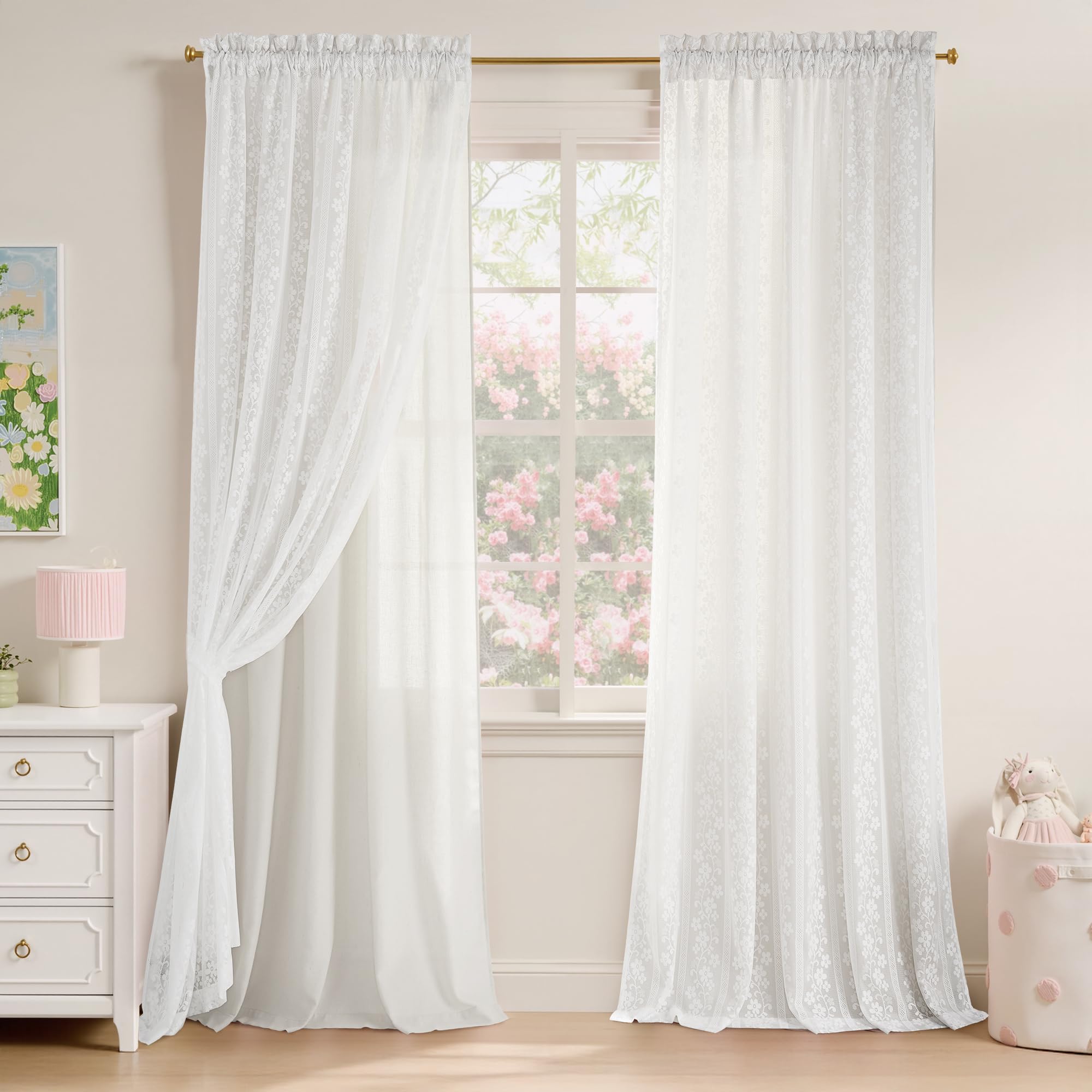 PONY DANCE Linen White Curtains for Living Room 84 Inches Long, Farmhouse Thermal Insulated Room Darkening Curtains, Double Layer Curtain for Girls' Bedroom, 52W x 84L, White, 2 Panels