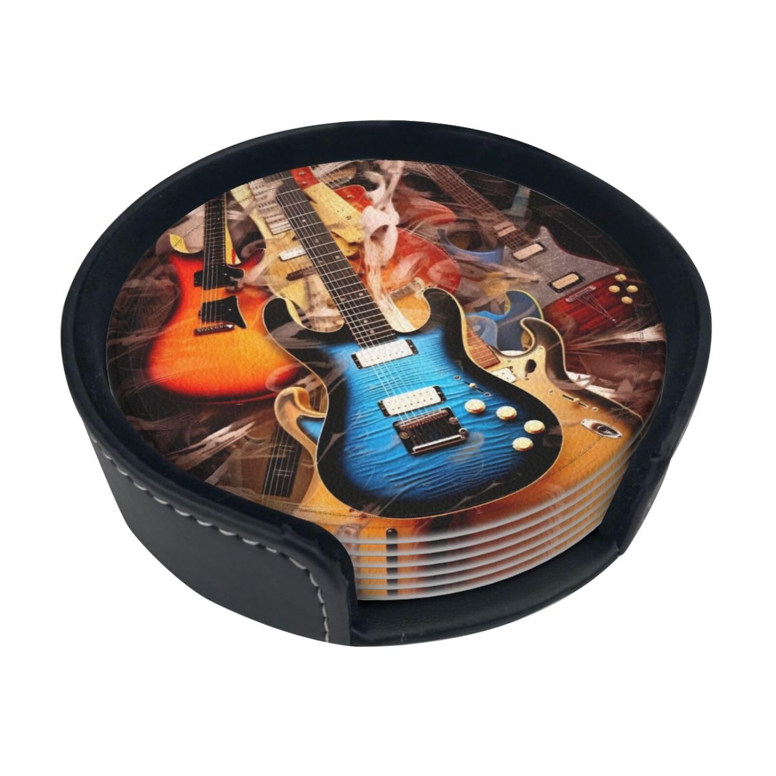Music Guitar Round Leather Coasters (6 Pieces) - Drink Coaster Set For Desk, Modern Easy To Clean Home Office & Farmhouse Coasters