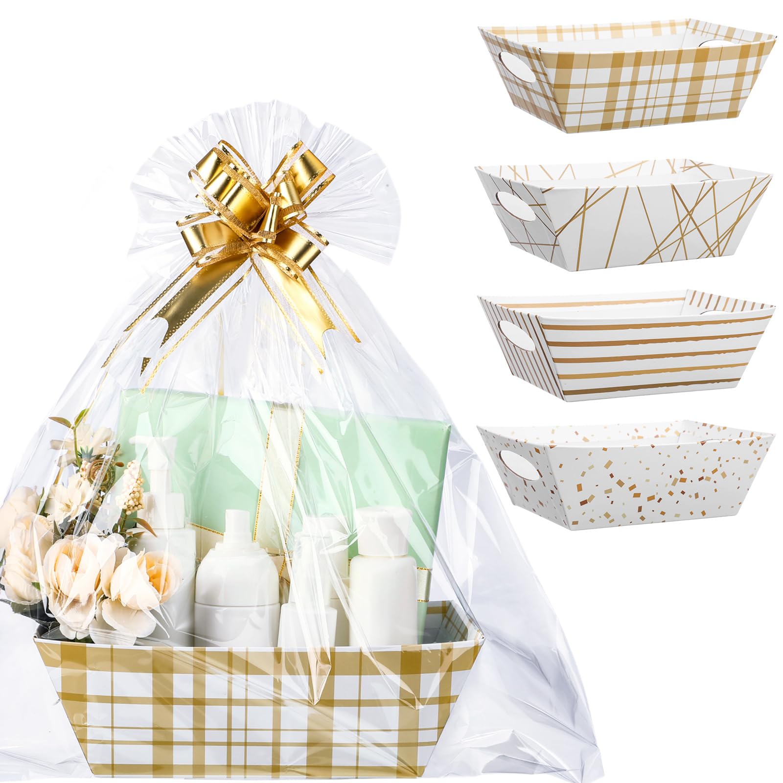 Dunzoom 26 Pcs Baskets for Gifts Empty Set Include 8 Sturdy Cardboard Gift Basket with 8 Plastic Bags and 10 Bows for Easter Wedding Mothers Day