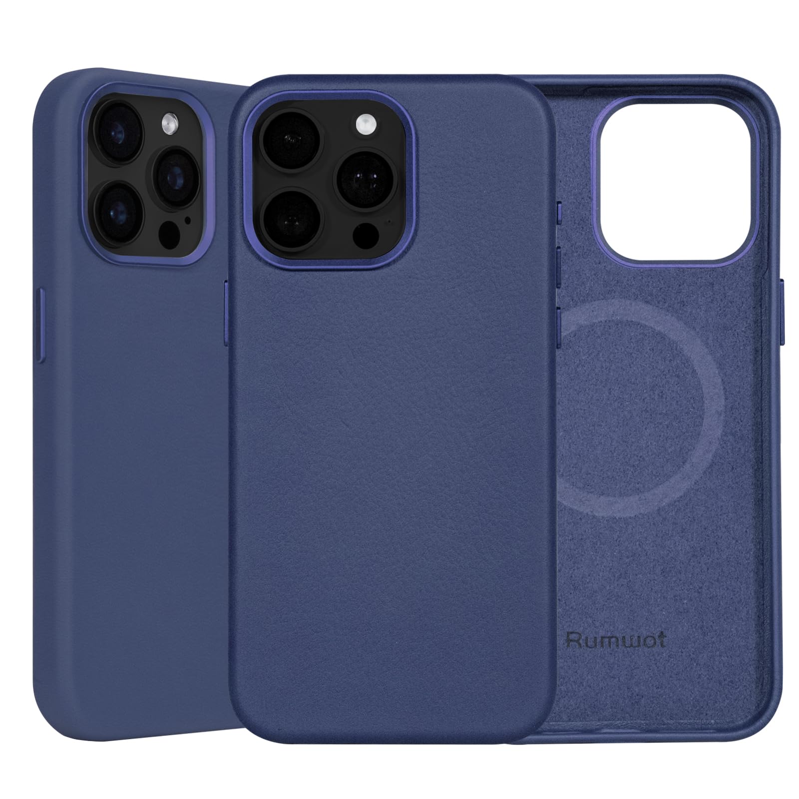 for iPhone 15 Pro Max Leather Case | Genuine Full Grain Leather| Compatible with MagSafe and Wireless Charging | Metal Buttons Camera Bezel | Slim Fit-Drop and Scratch Resistant(Navy Blue)