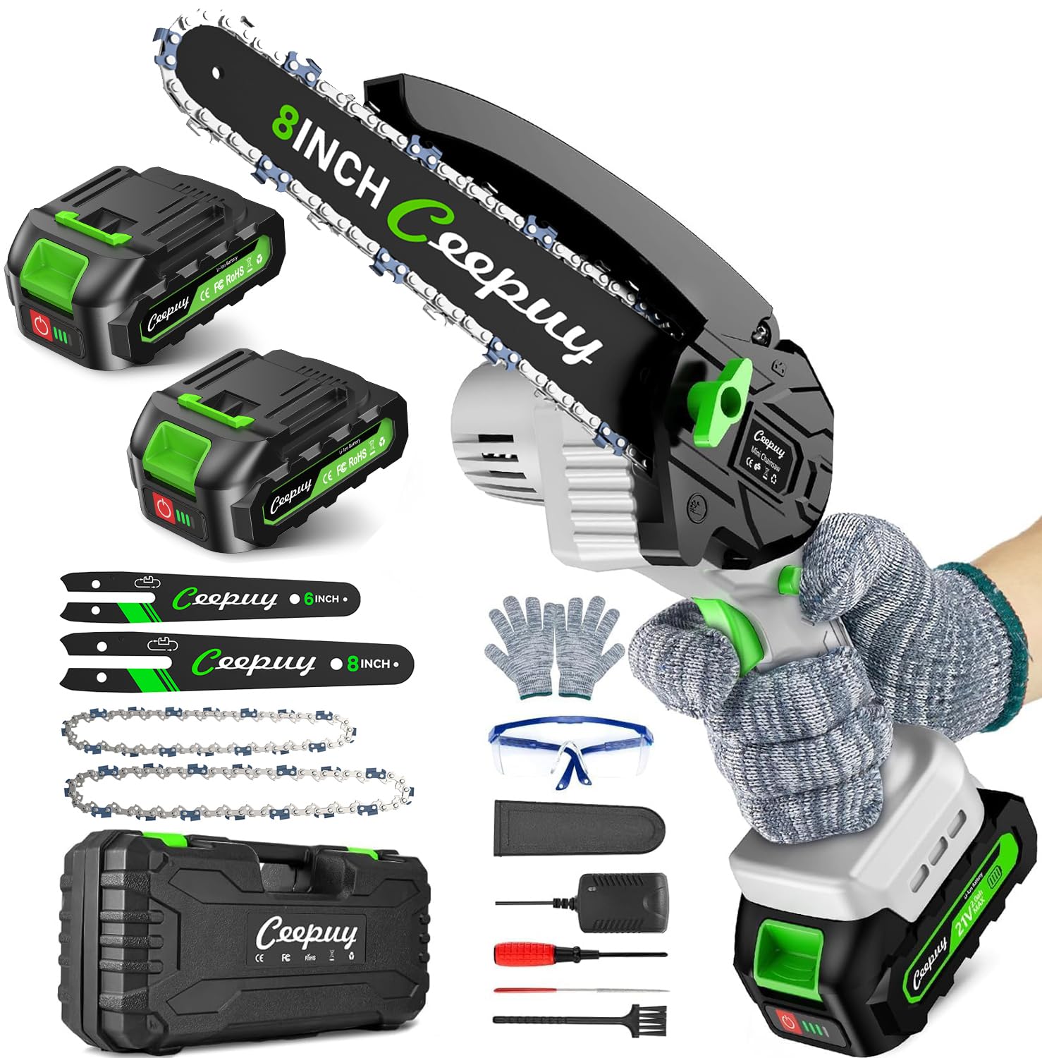 CEEPUY Mini Chainsaw Cordless, 8/6 Inch Portable Electric Chainsaw with Automatic Oiler/Security Lock/Battery Powered Small Handheld Saw for Trees Branches Trimming,Wood Cutting
