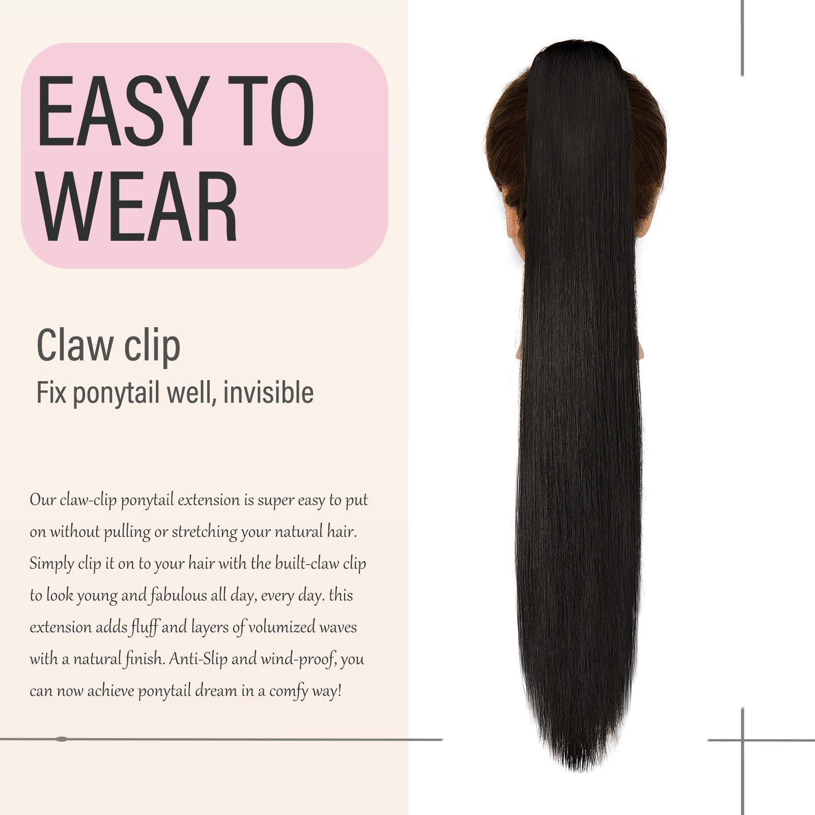 Dcbaboo 22inch Claw Clip in Ponytail Hair Extensions Long Straight Ponytail Extension Synthetic Pony tails Natural Wave One Piece Hairpiece Fake Ponytail for Women Natural Black - Image 4