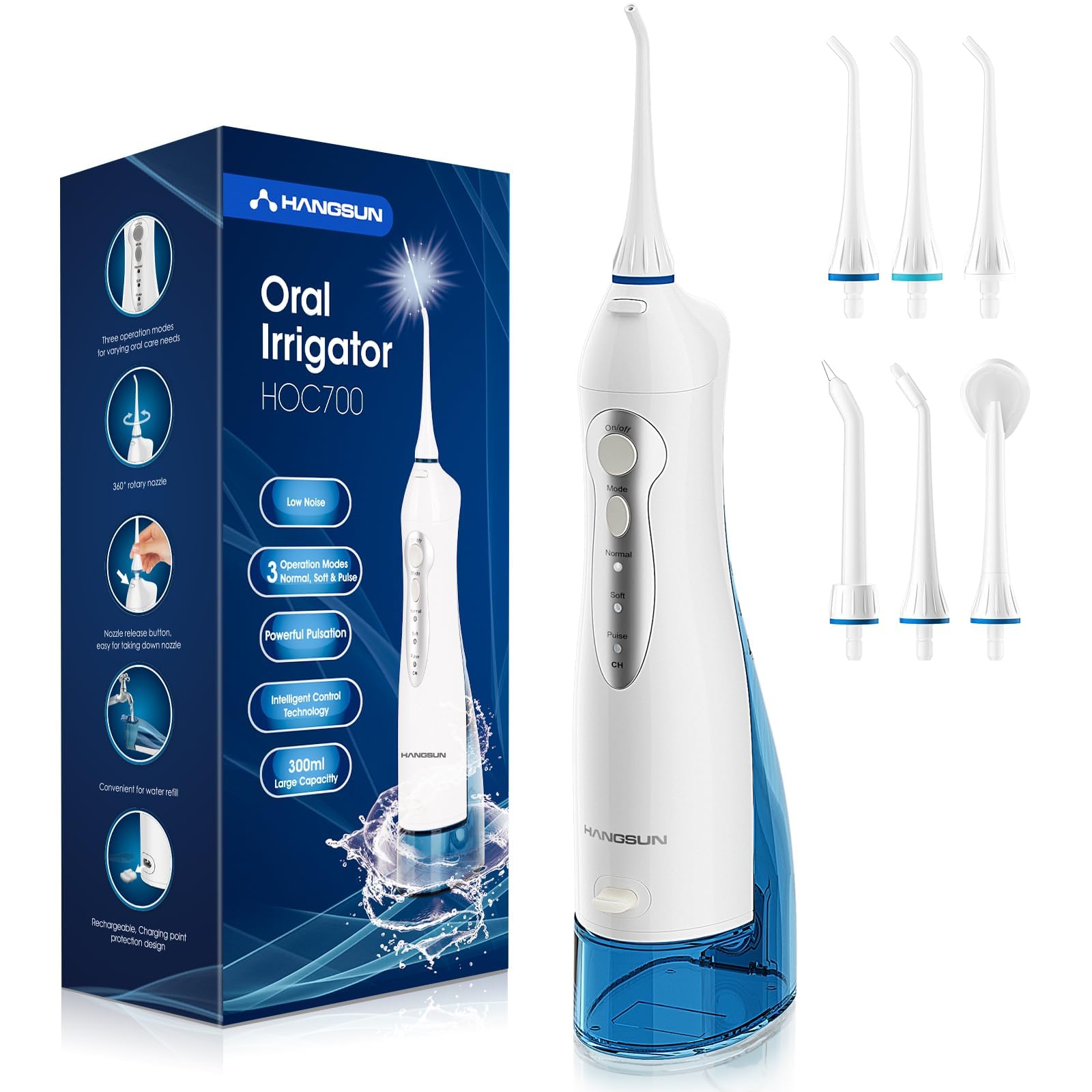 Hangsun Water Flosser Cordless Oral Irrigator Rechargeable Dental Water Jet HOC700 for Teeth Braces with 300ML Water Tank and 6 Jet Tips for Travel & Home Use