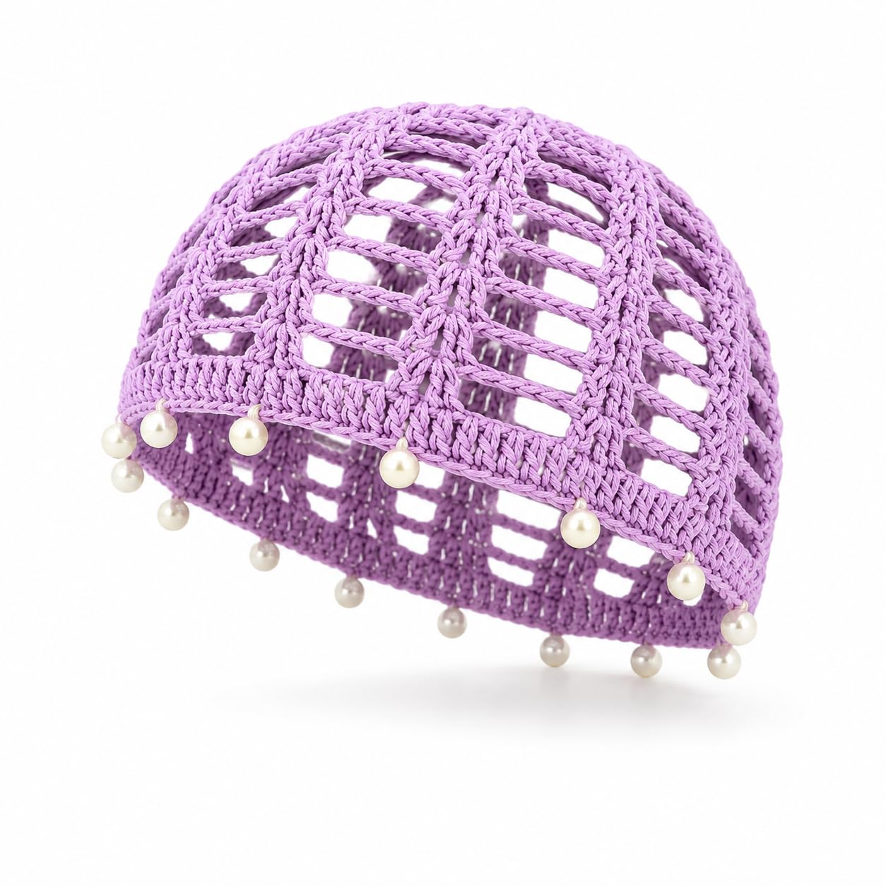Handmade Crochet Pearl Cap in Lavender, Cotton Yarn | Pearl Detailing, Breathable Design, Boho Style, Beach & Festival Wear, Soft Cotton Yarn-image-3