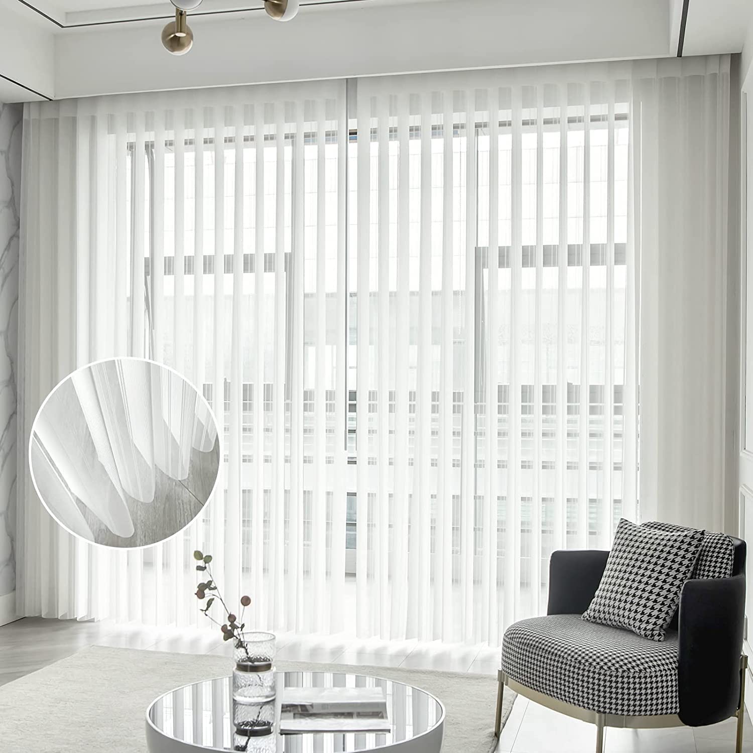 Privacy Sheer Vertical Blinds by Graywind, 70% Dimout & Sheer Dual-Spliced Fabric with Striped Texture, Made to Measure, Manual Wand Control, Track Slats Set for Patio Sliding Door Window, White