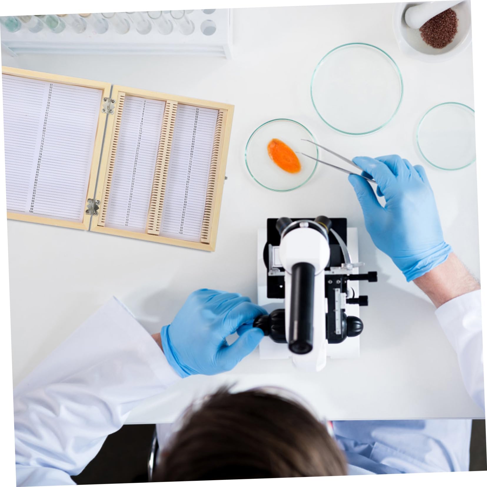 CHILDWEET Box Slice Box Specimens Storage Case Slides Microscope Slide Storage Holder Lab Samples Organizer Microscope Slide Wooden Holder Khaki Metal