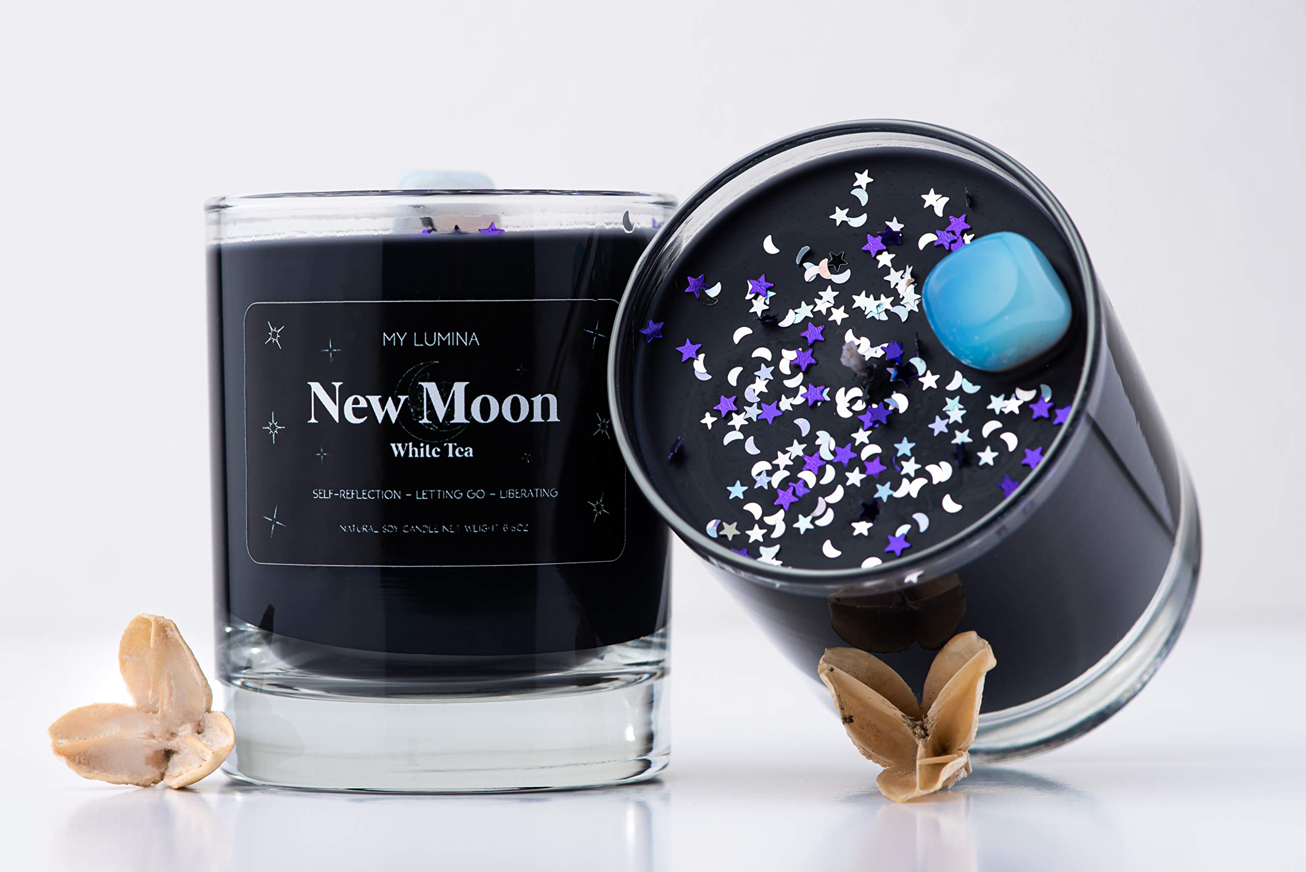 My Lumina New Moon Aromatherapy Candle w/Moonstone Crystal Inside -Natural Stone Healing Energy, Stress Relief, Relaxing & Balance- Soy Wax Scented Candle Home - Gift for New Beginnings - Night Black