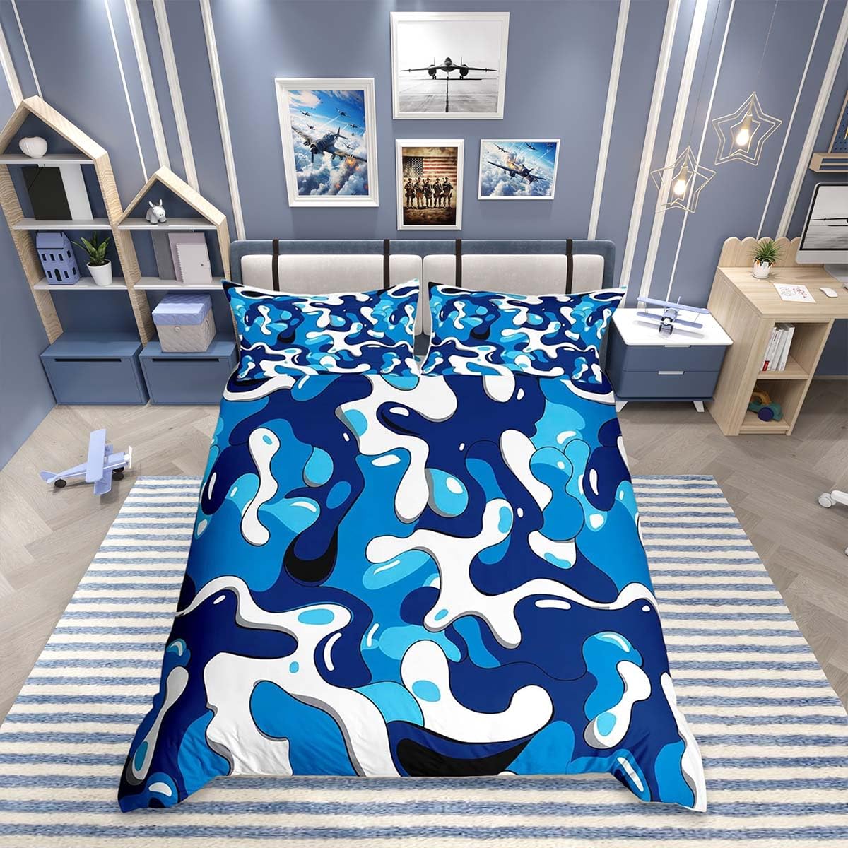 Homemissing Blue White Camouflage Duvet Cover Set Single Size Boys Girls Abstract Camo Bedding Set Breathable Soft Luxury Modern Art Duvet Cover 2Pcs Stripe Line Bedroom Decor โ image 1