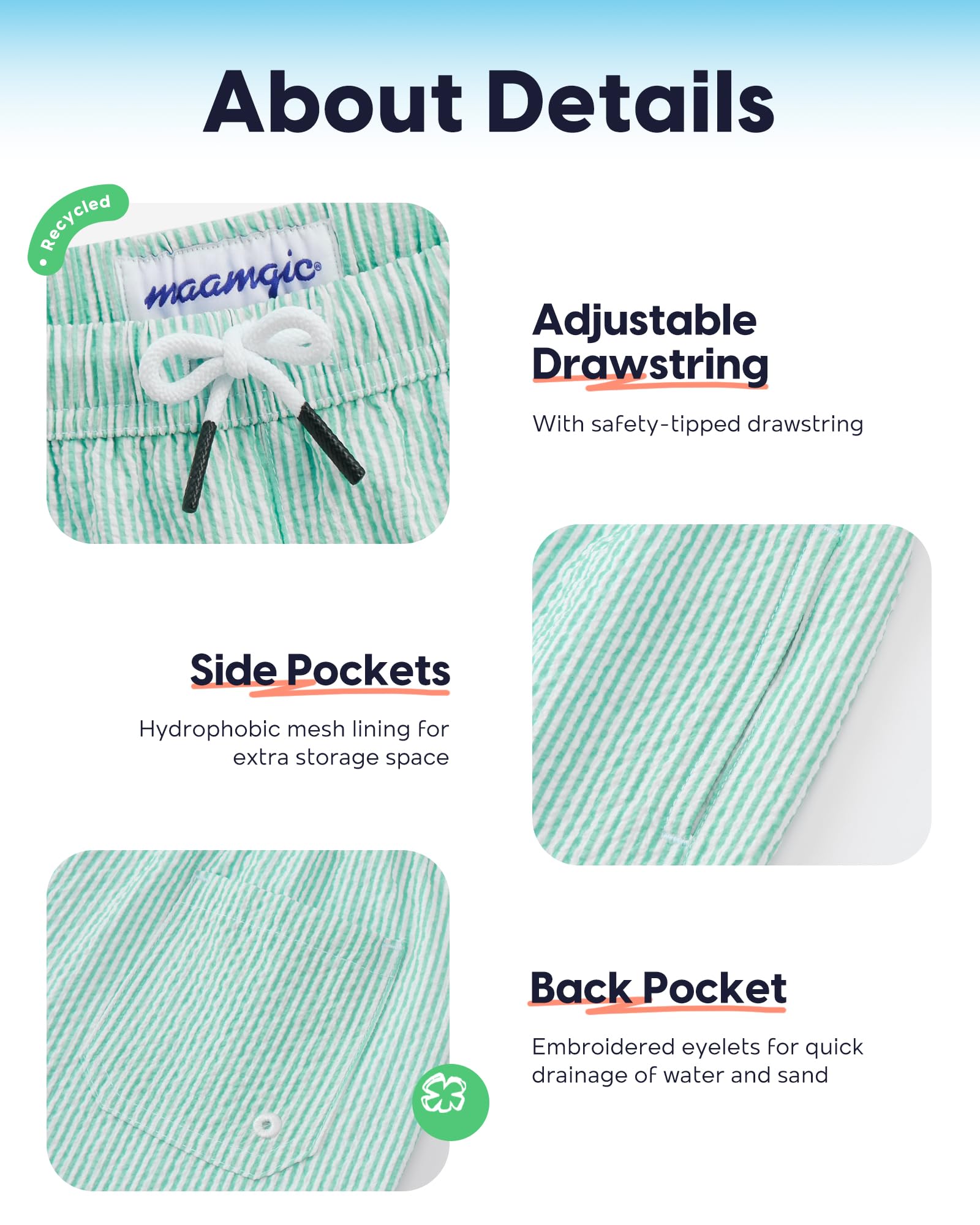 maamgic Costume da bagno per ragazzi con fodera a compressione Seersucker pantaloncini da bagno riciclati per bambini