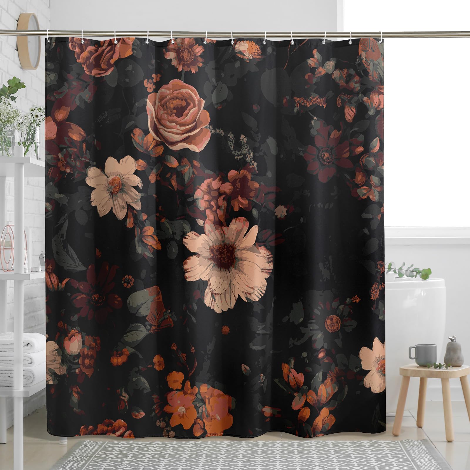 TPHIHPT Dark Floral Shower Curtain Dark Academia Glow in The Dark whimsigoth Moody Shower Curtain with Design Bathtub Cloth Fabric Machine Washable