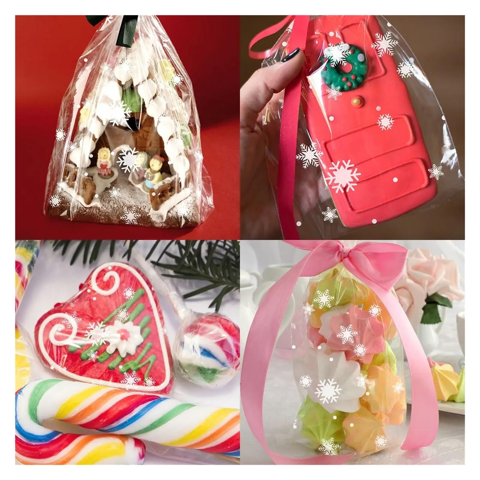Papel de Regalo 2 rollos de celofán,5/3 milésimas pulgada grosor, decorados con copos nieve, ideales for envolver cestas regalo navideñas(80CMx3000CM)