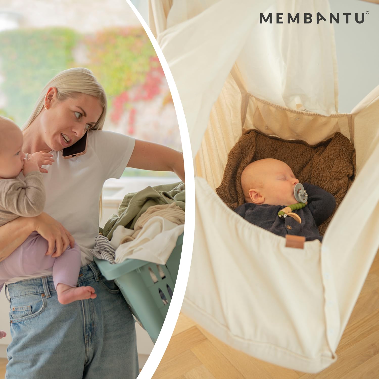 Federwiege Baby inkl. Feder - Baby-Wiege aus Bio-Baumwolle - Baby-Hängematte mit Deckenaufhängung - Baby-Hängewiege Plus Matratze und Baldachin - Baby-Hammock bis max. 15kg - Natur