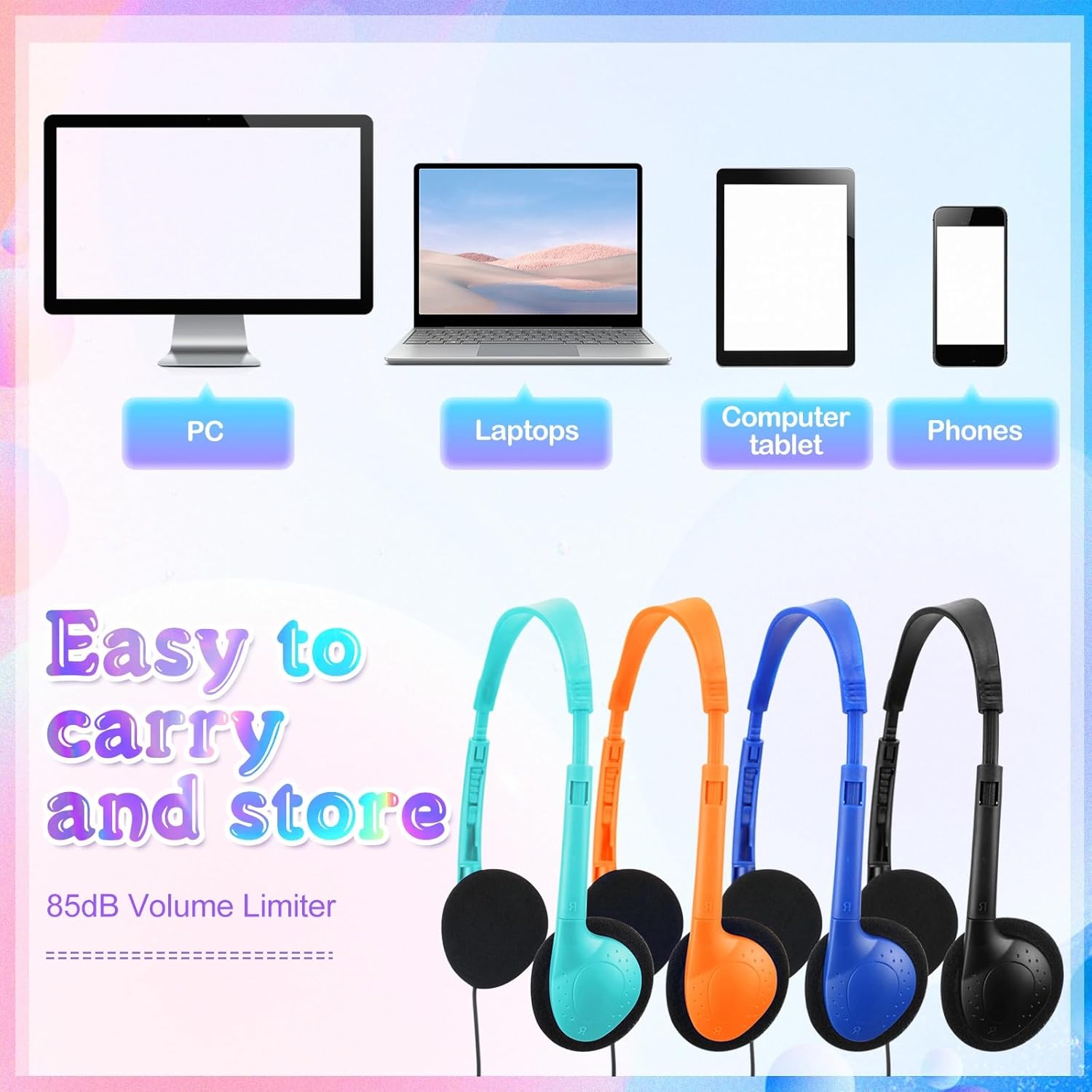 Hoteam 100 Pack Headphones for Classroom Bulk Students Adjustable Headphones Wired Pack Black Over the Head Earphones with 3.5 mm Plug for School Library Museums Charity Donate(Multicolor)
