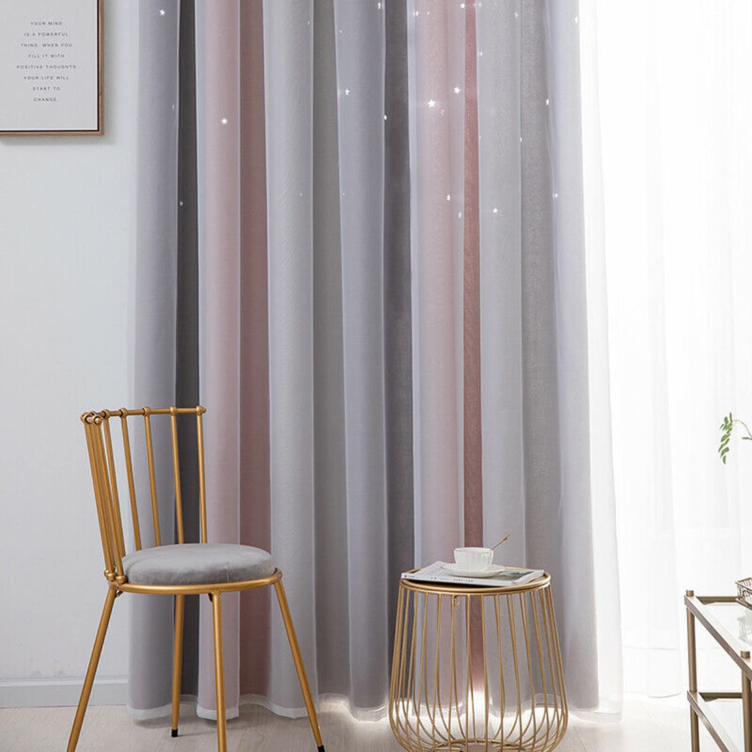 XiDi Verduisteringsgordijnen - sterren gesneden gordijnen voor slaapkamer, meisjes, kinderen, woonkamer, regenbooggordijnen met ingestanste ringen, 2 panelen, 87 x 160 cm, lichtgrijs, 86/160/2 IT