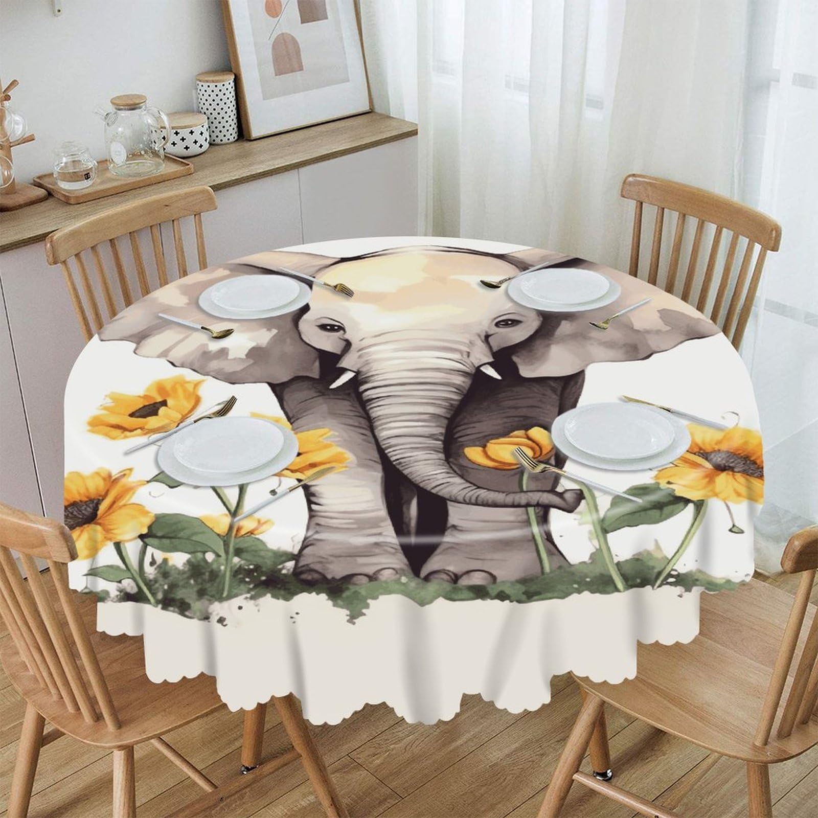 FekiLoot Elephant and Sunflower Round Tablecloths 60 Inch Resistant Washable Polyester Table Cloth Style Decorative Circle Fabric Table Cover for Dining Kitchen Party Farmhouse Outdoor