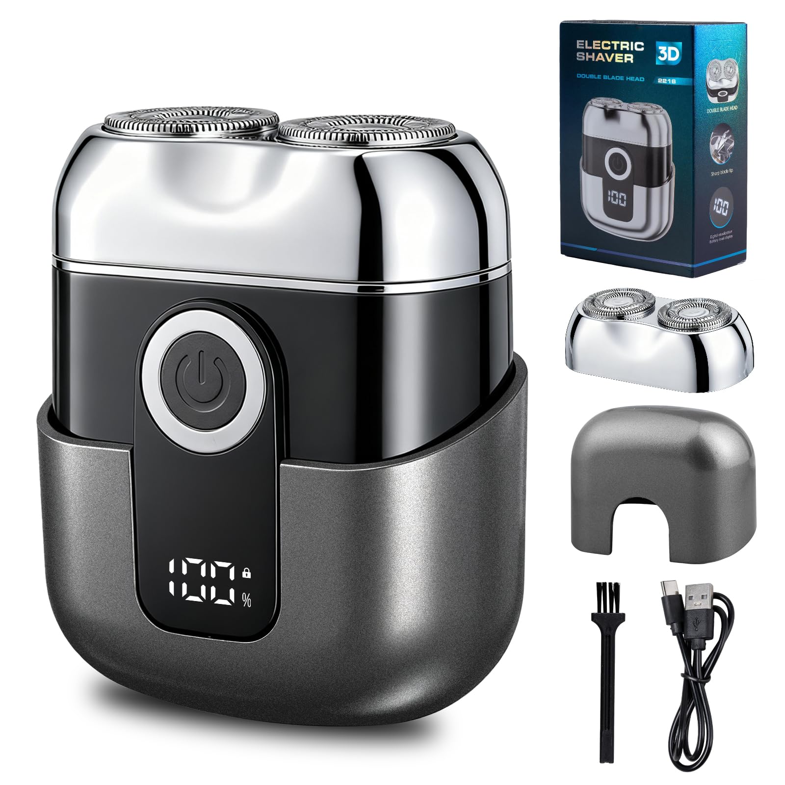 Mini Rasoir Électrique Homme - Rasoir de Voyage Étanche IPX6 avec Écran LED, USB-C Rapide, Double Tête, Silencieux & Portable - Gris