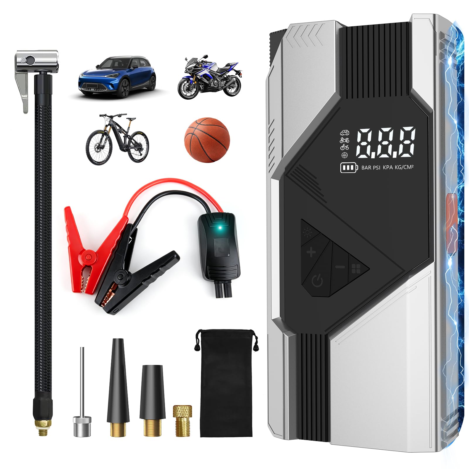 Junsun 10000mAh Compresor de Aire 150 PSI con Arrancador de Batería 12V y Power Bank 18W, Inflador Portátil para Coche Gasolina y Diésel, Arranque de Emergencia, Pantalla LCD, Carga Rápida y Luz LED