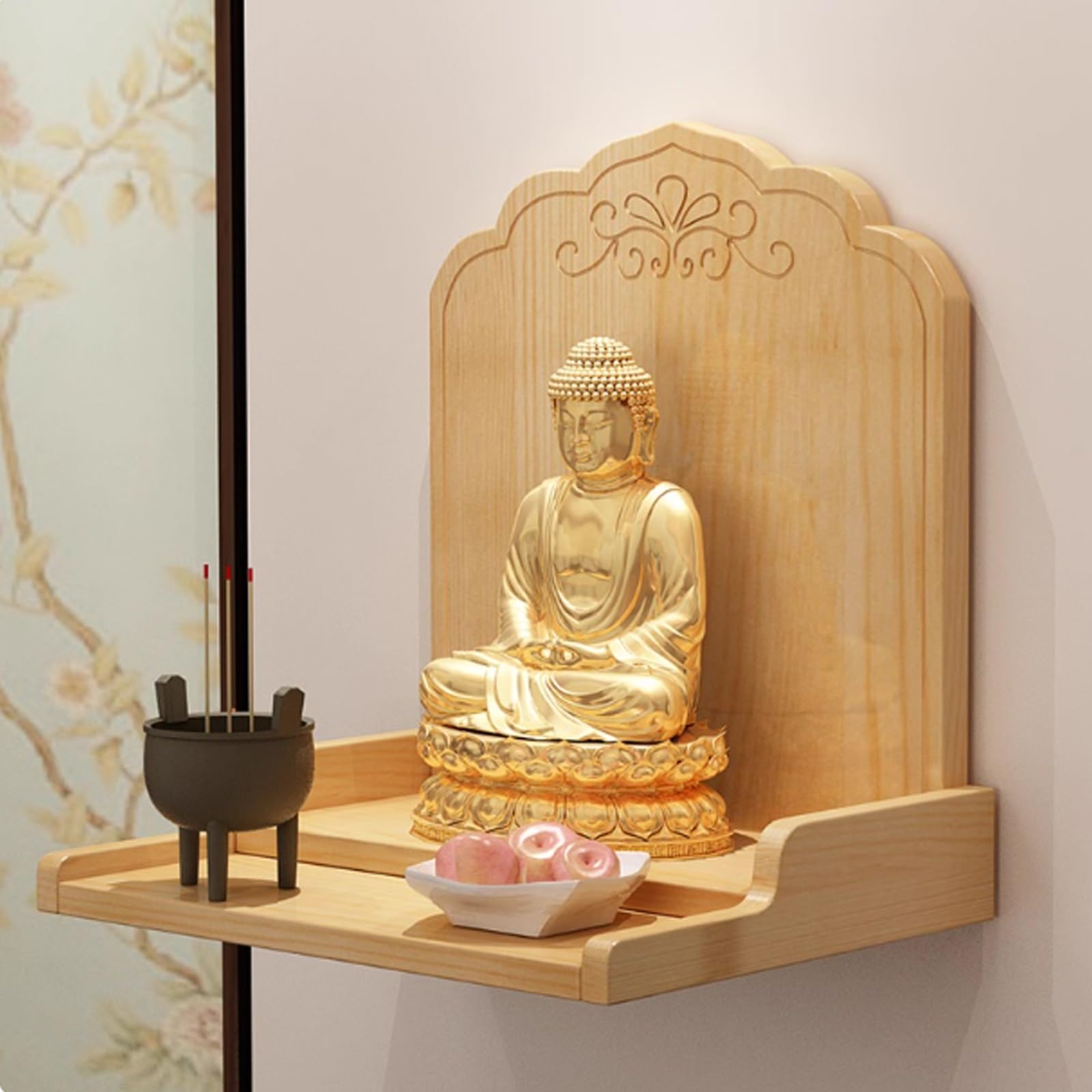 JNTFNE Wall-Mounted Buddha Statue Stand Household Small Buddhist Shrine Altar Table solid wood Prayer Offering Chinese Shelf for Incense Offerings(Varnish color,43 * 37 * 42cm/16.9 * 14.6 * 16.5in)