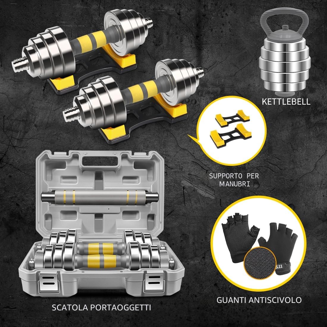 PHOEROS Set di Manubri Regolabili - Set Pesi 20/30/40 KG, Manubrio Bilanciere Kettlebell 3 in 1, Manubri in Acciaio Parì per Allenamento Fitness, Attrezzatura Palestra Casa per Uomini e Donne