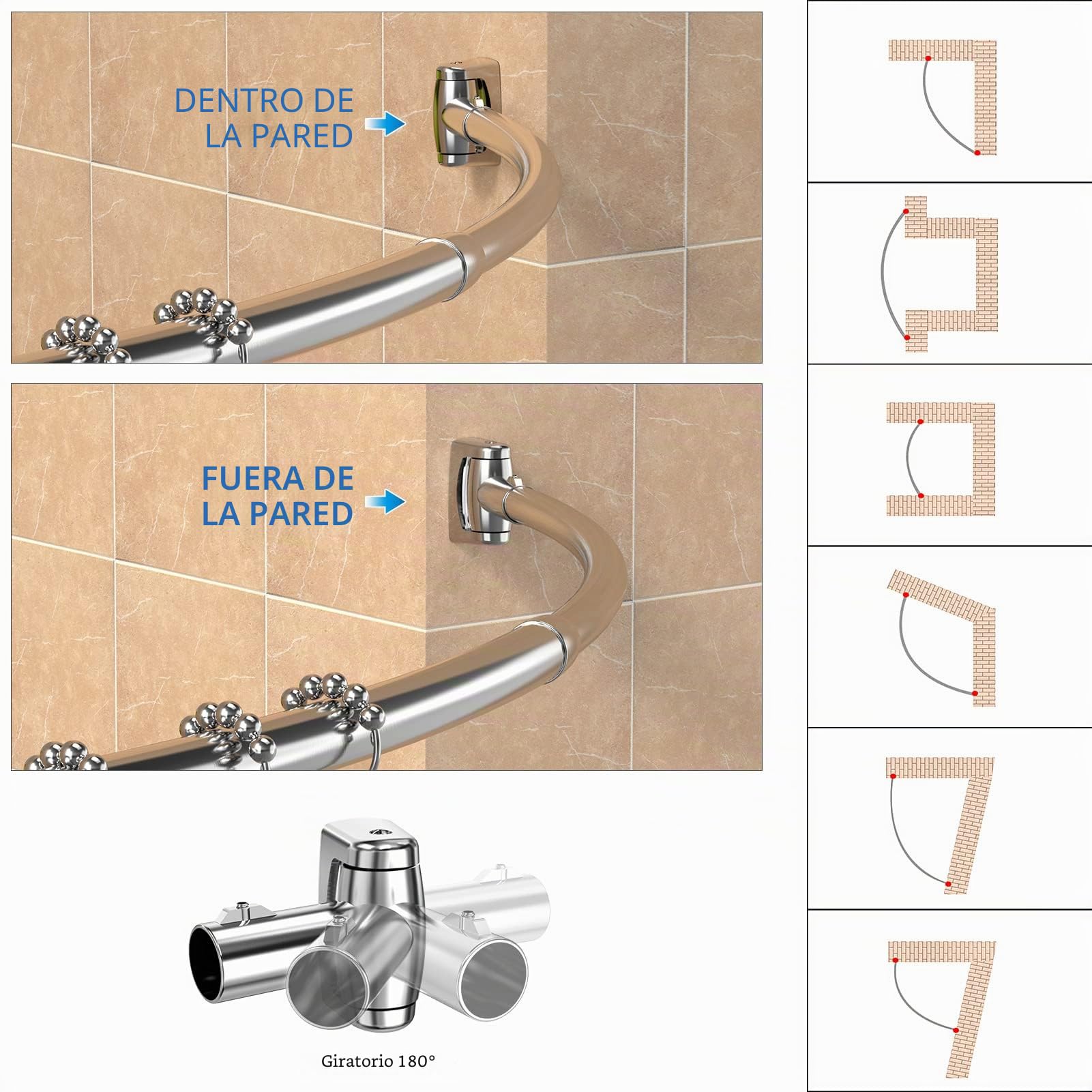 Barra De Cortina De Ducha, Barra De Ducha De Esquina Incluye 18 Anillos, [110-180cm], Barra De Arco Ajustable De Acero Inoxidable, Necesita Perforación, Sin Soporte De Techo, Para Baño Vestidor