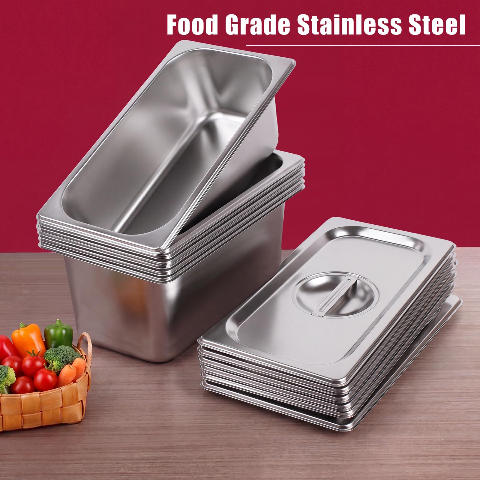 GN 1/3 - Contenitori per gastronorm in acciaio inox con coperchio, 6 pezzi, 32,5 x 17,5 x 15 cm, contenitori per alimenti, per alimenti, torte, padelle per hotel, tavolo