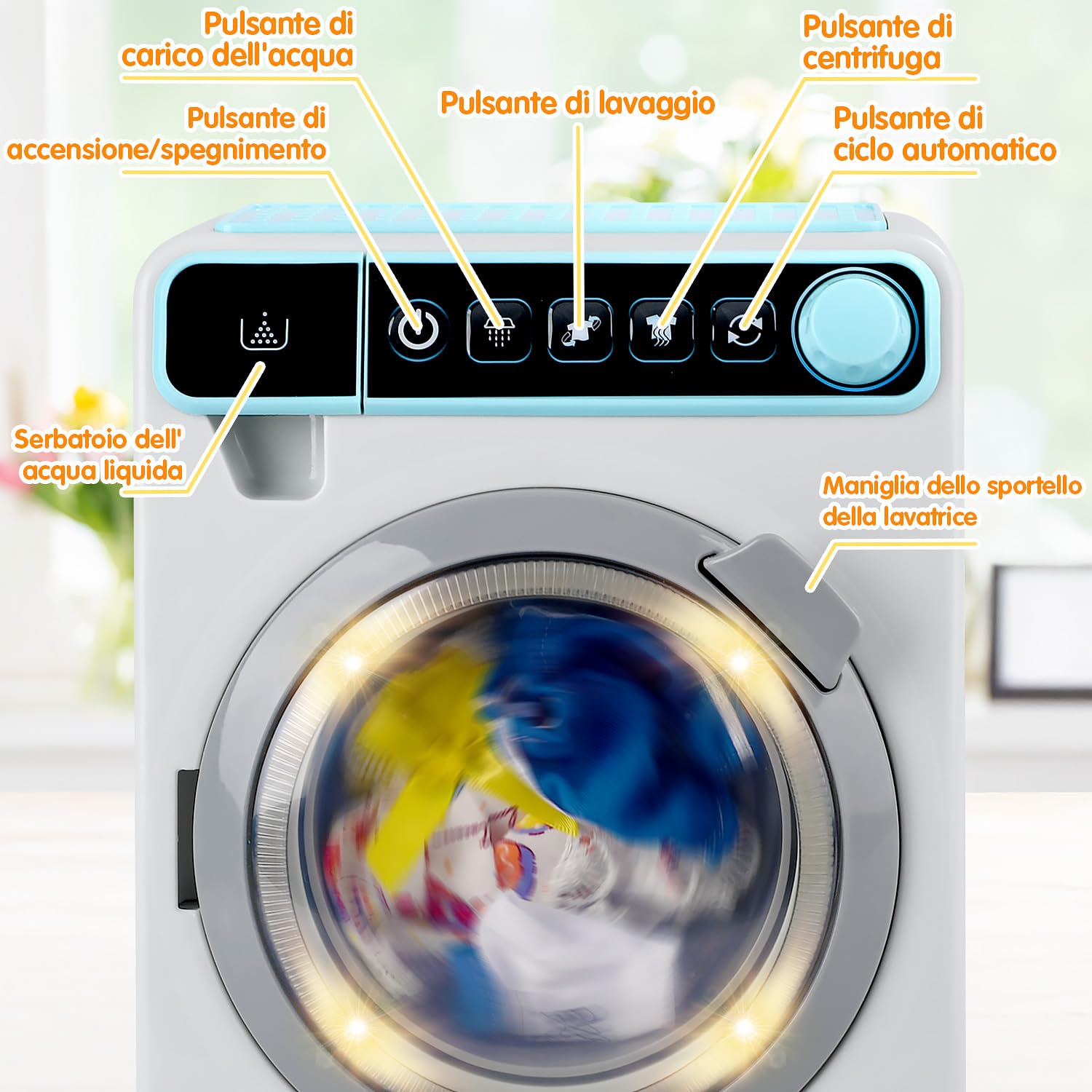 PLAY Lavatrice Giocattolo per Bambini, Elettronico Giocattolo Lavatrice con Suoni Realitici, Abbigliamento, Detersivo, Cesto Della Biancheria, Gioco di Lavanderia per Bambini da 3 Anni