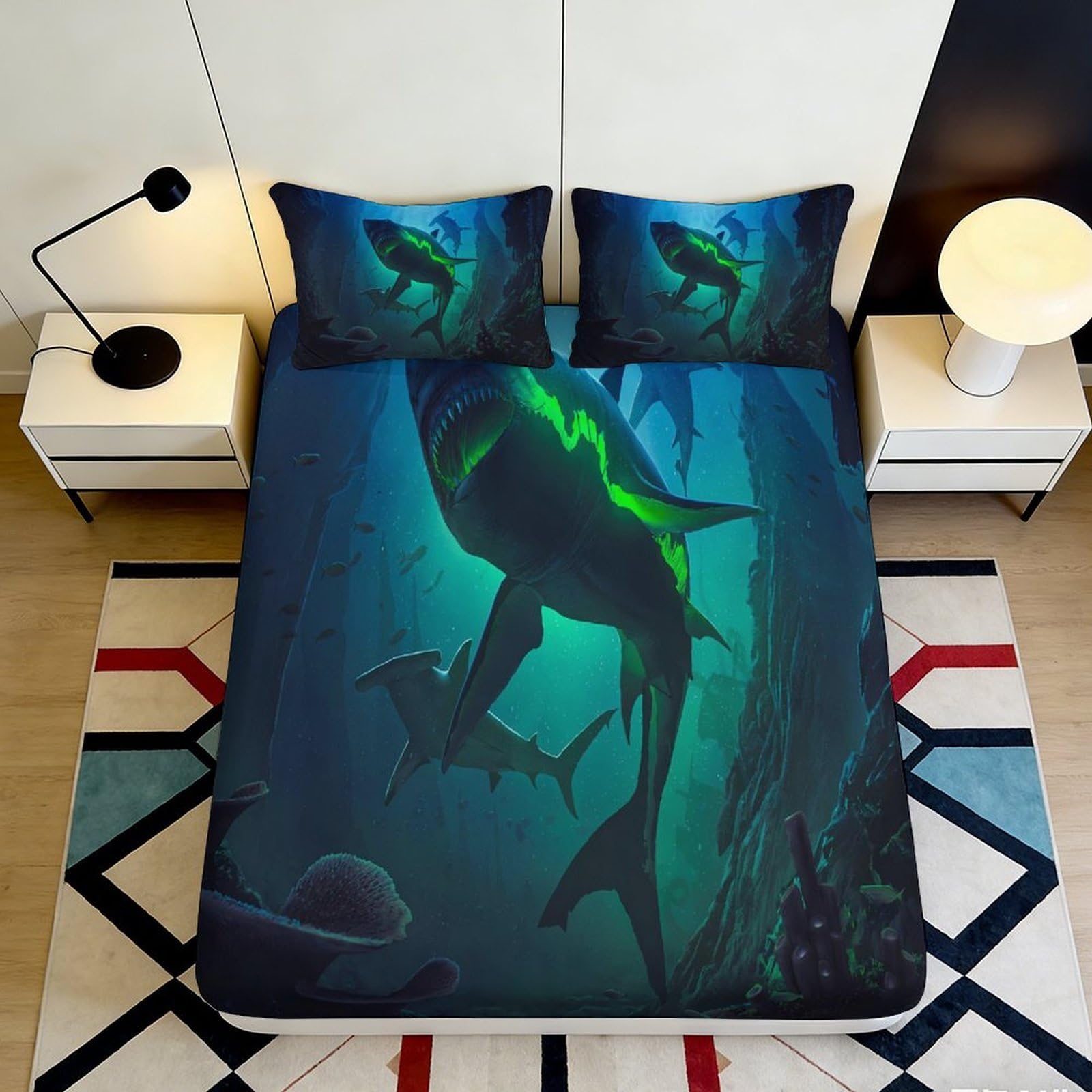 3D Printed Deep Sea Shark Fitted Sheet Microfiber Soft Anti-Slip Ocean Predators Mattress Cover for Bedroom Guest Room Decor 120x200cm 160x200x25cm