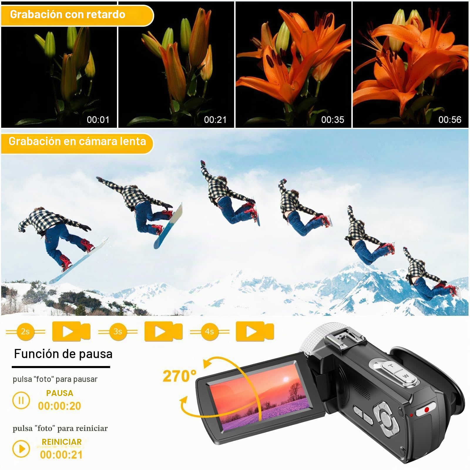 Cámara de vídeo 4K, videocámara de 48 MP y 30 FPS para YouTube, grabadora de vlogs con vídeo FHD 1080p / zoom digital 18x / pantalla IPS giratoria de 3,0'' y 270°, con mando a distancia / 2 baterías