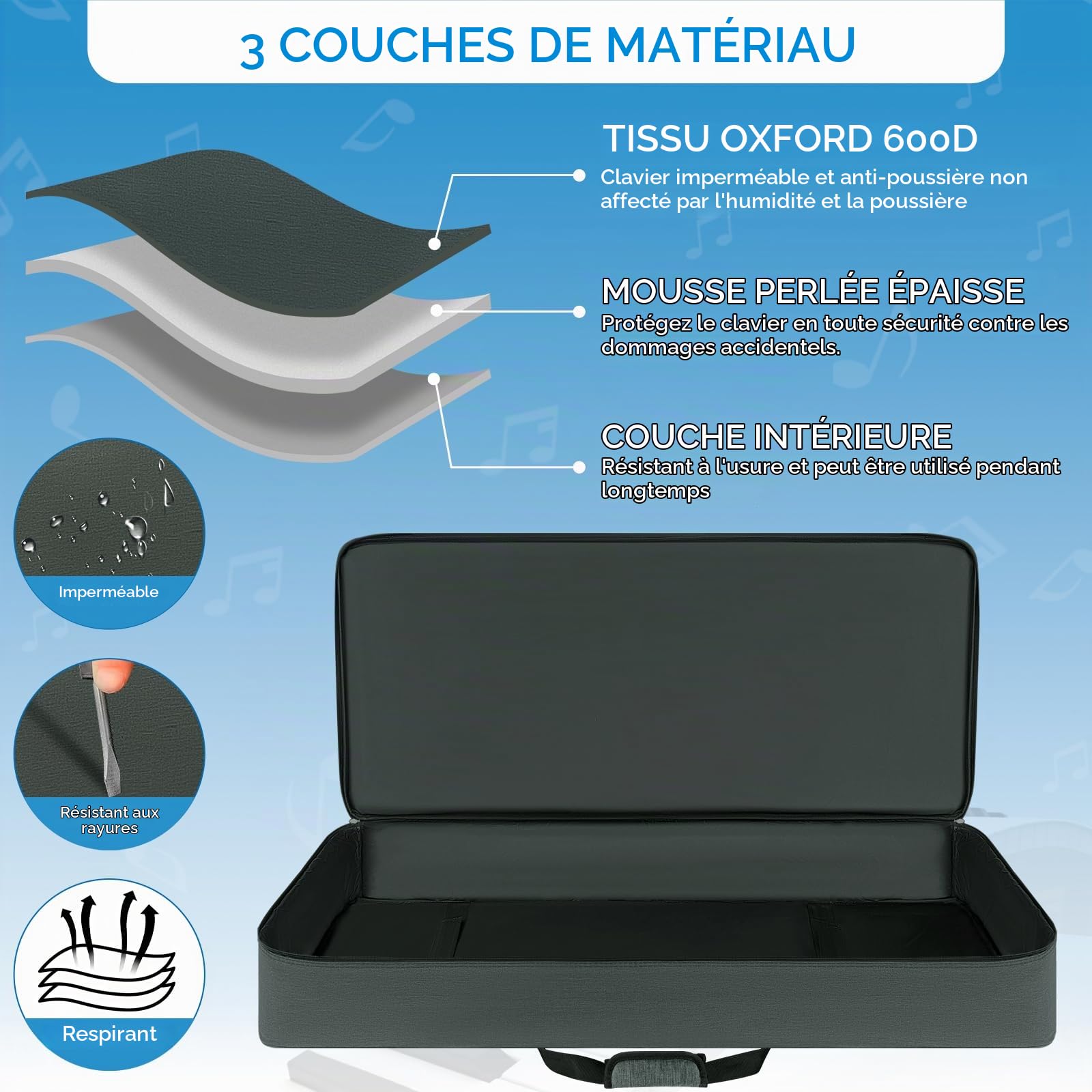 OUUTMEE Étui pour clavier 61/76/88 notes pour piano électrique, tissu Oxford 600D avec page d'accueil de 10 mm (noir), gris, 61 Tasche, formel