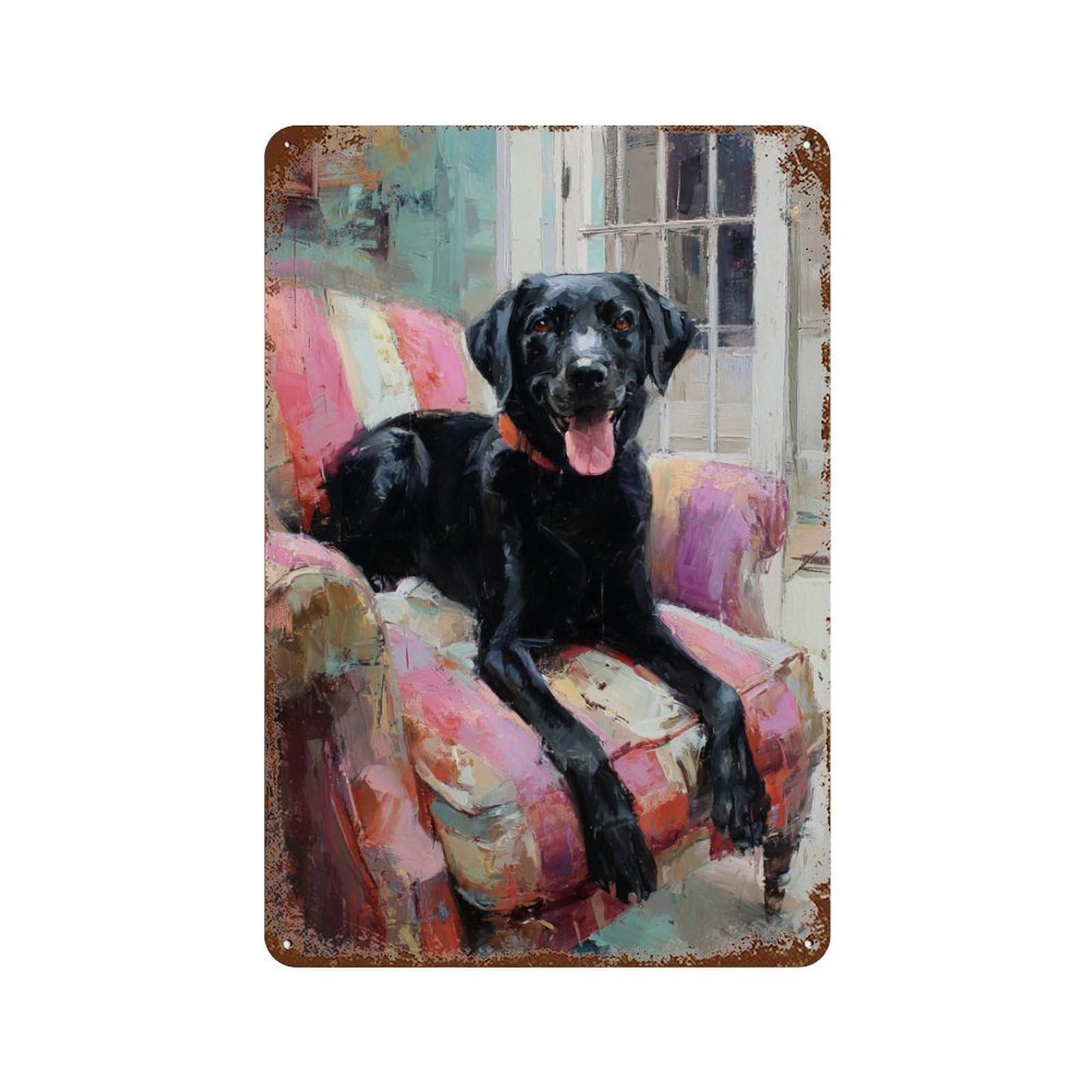 Black Labrador Retriever Painting 11.8"x7.9" Aged Metal Wall Plaque, Vintage Wall Decor for Bistro, Counter And Cafe Decor