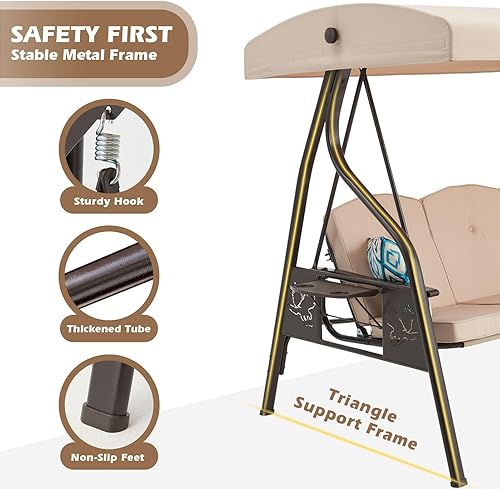 Miniatura 3 de Columpio de porche al aire libre de 3 asientos con soporte, columpio de patio con toldo, cama columpio de porche 2 en 1 y silla de columpio de patio