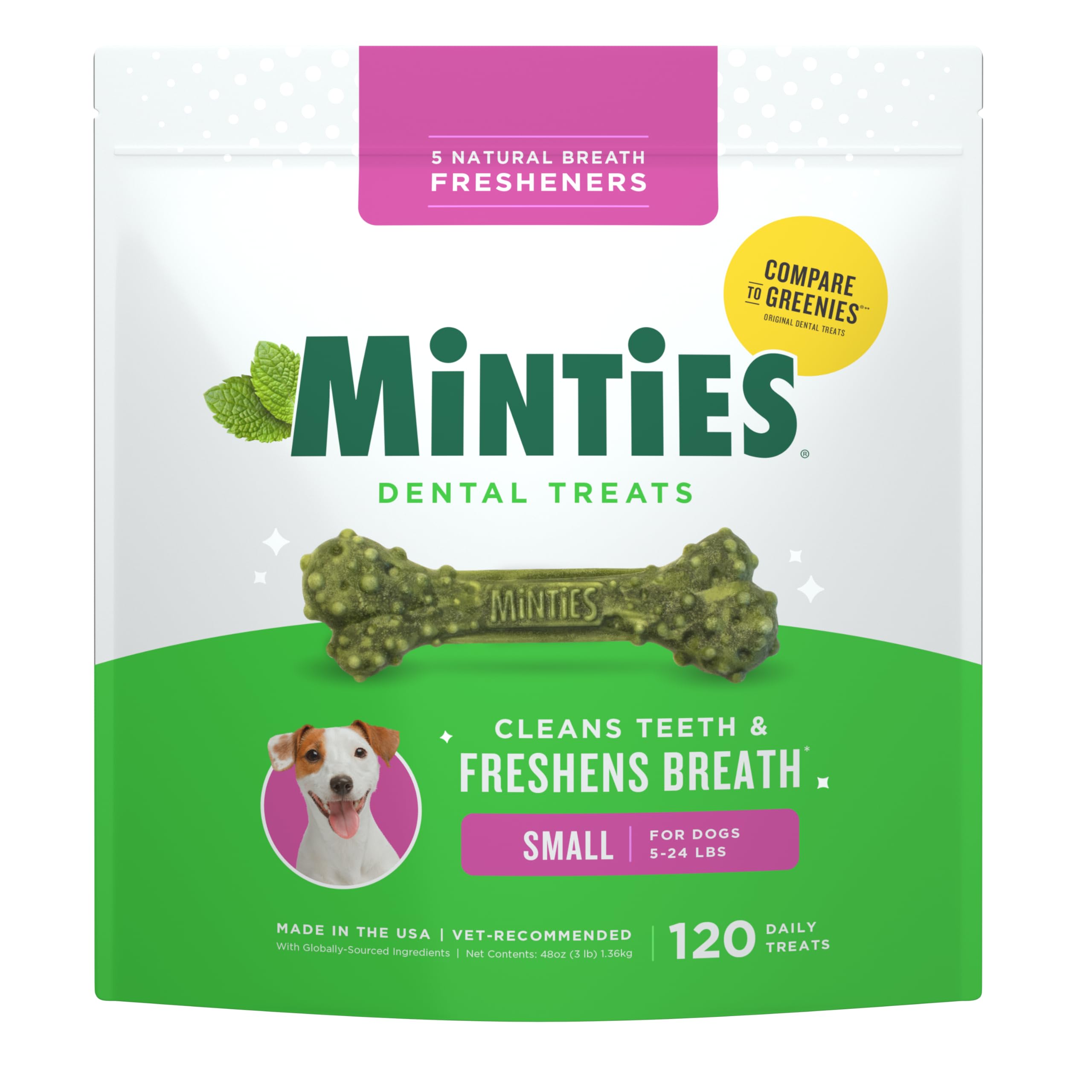 Minties Dog Dental Bone Treats, Tiny/Small Dental Dog Treats, 5-25 lbs, Clean Teeth, Fight Bad Breath, Removes Plaque and Tartar, 120 Count
