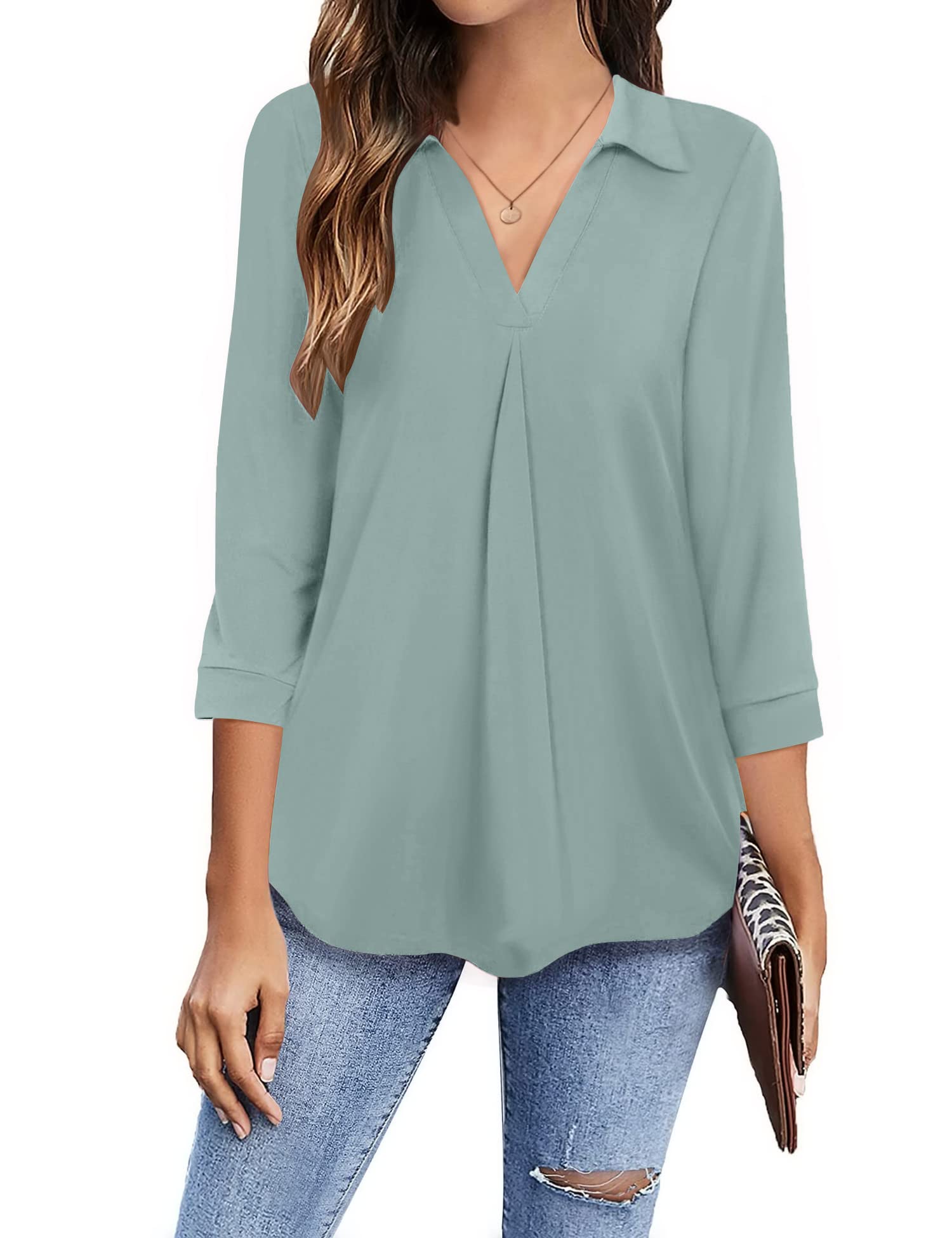 Newchoice Womens Collared V Neck 3/4 Sleeve Shirts Business Casual Tops Loose Work Blouses (M-3XL)