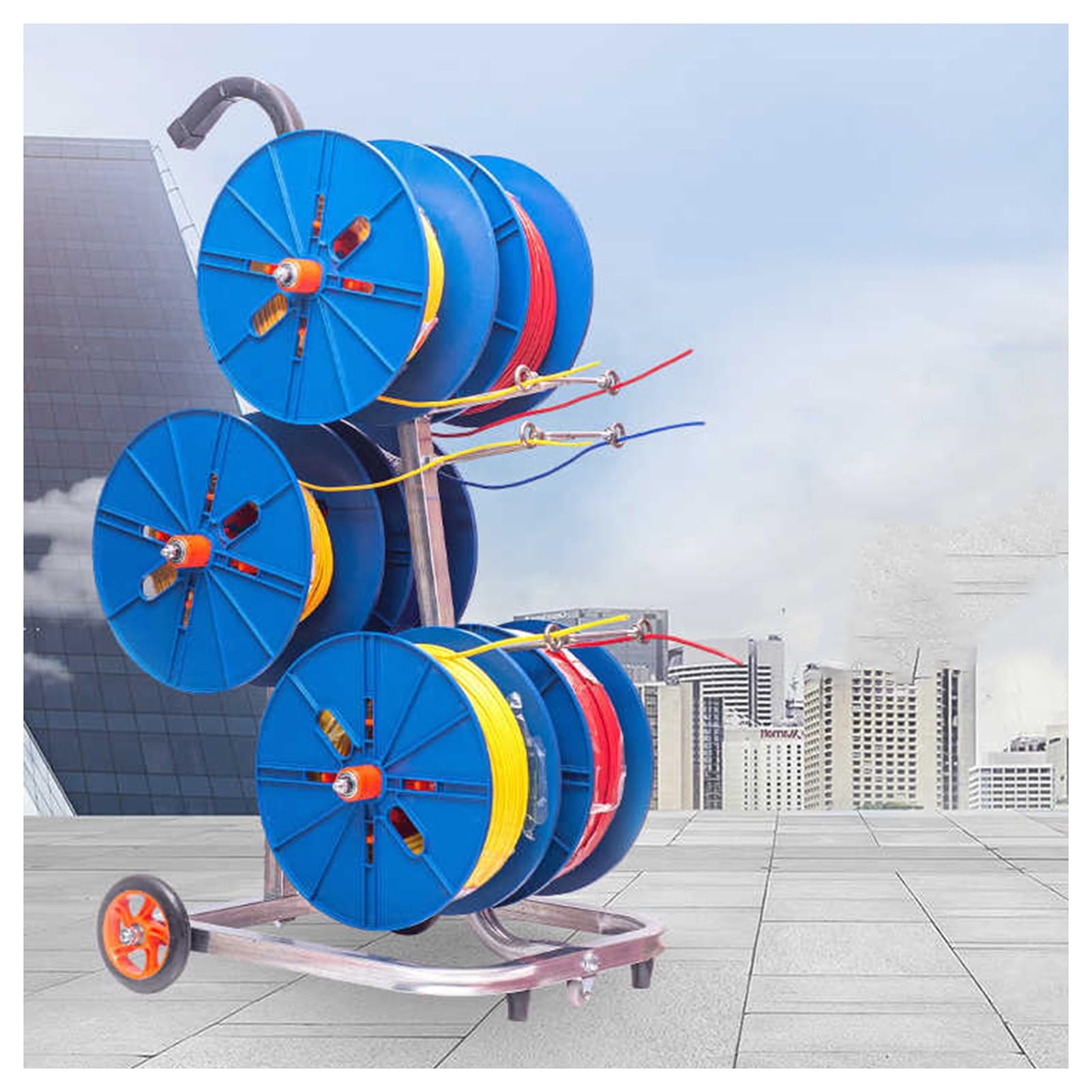 Porta avvolgicavo resistente e dispenser, efficiente scaffale per bobina di filo per l'organizzazione dei cavi elettrici e industriali