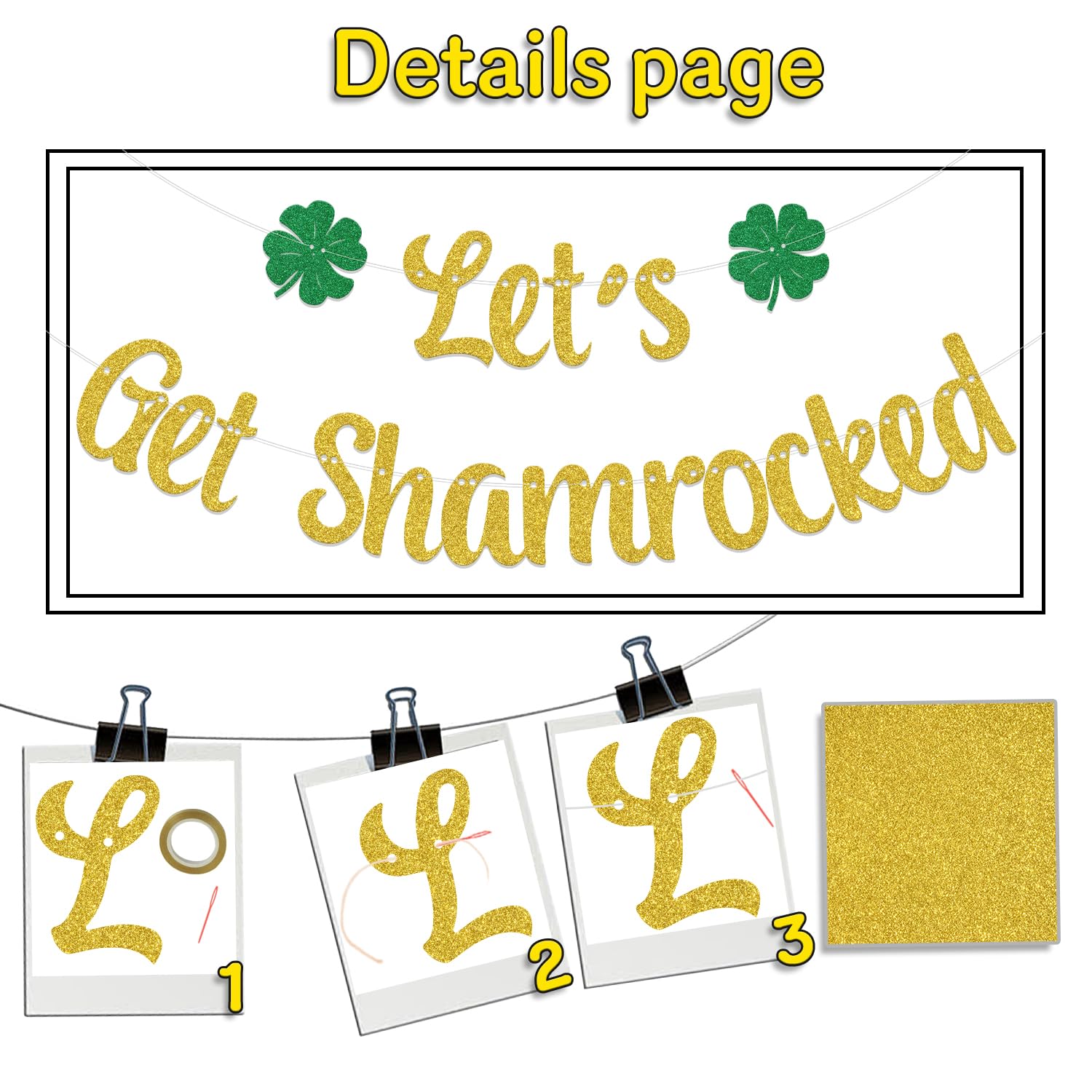 ZCXVC Let's Get Shamrocked Banner St. Patrick's Day Decorations St. Patrick's Day Irish Party Decoration Gold Glitter - Image 2