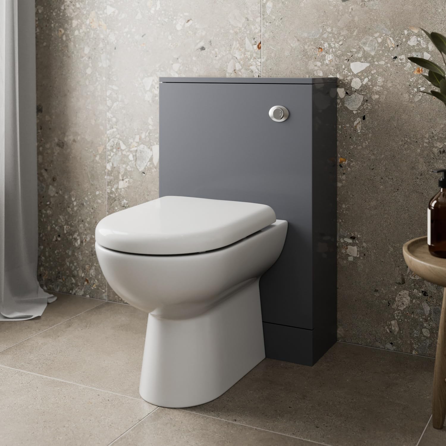 Baystone Modern Bathroom Cloakroom Back to Wall BTW Toilet WC 500mm Furniture Unit D Shape Pan Soft Close Seat, Dual Flush Cistern, Grey Gloss