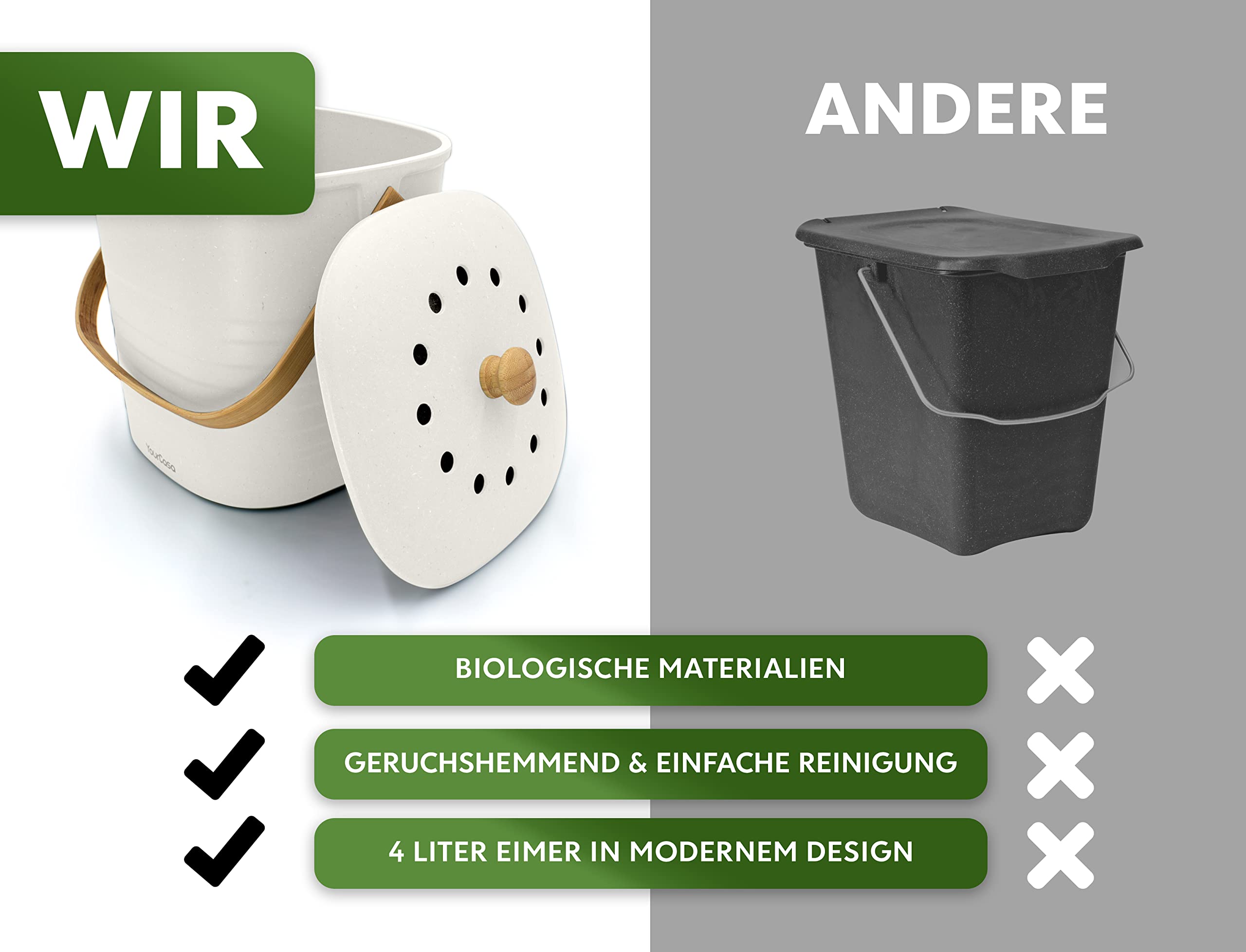YourCasa Biomülleimer Küche klein 4L geruchsdicht für Biomüll - Komposteimer mit Aktivkohlefilter - nachhaltiger Bio Mülleimer mit Deckel Abfalleimer Behälter Bioabfallbehälter Biotonne (4L Weiss)
