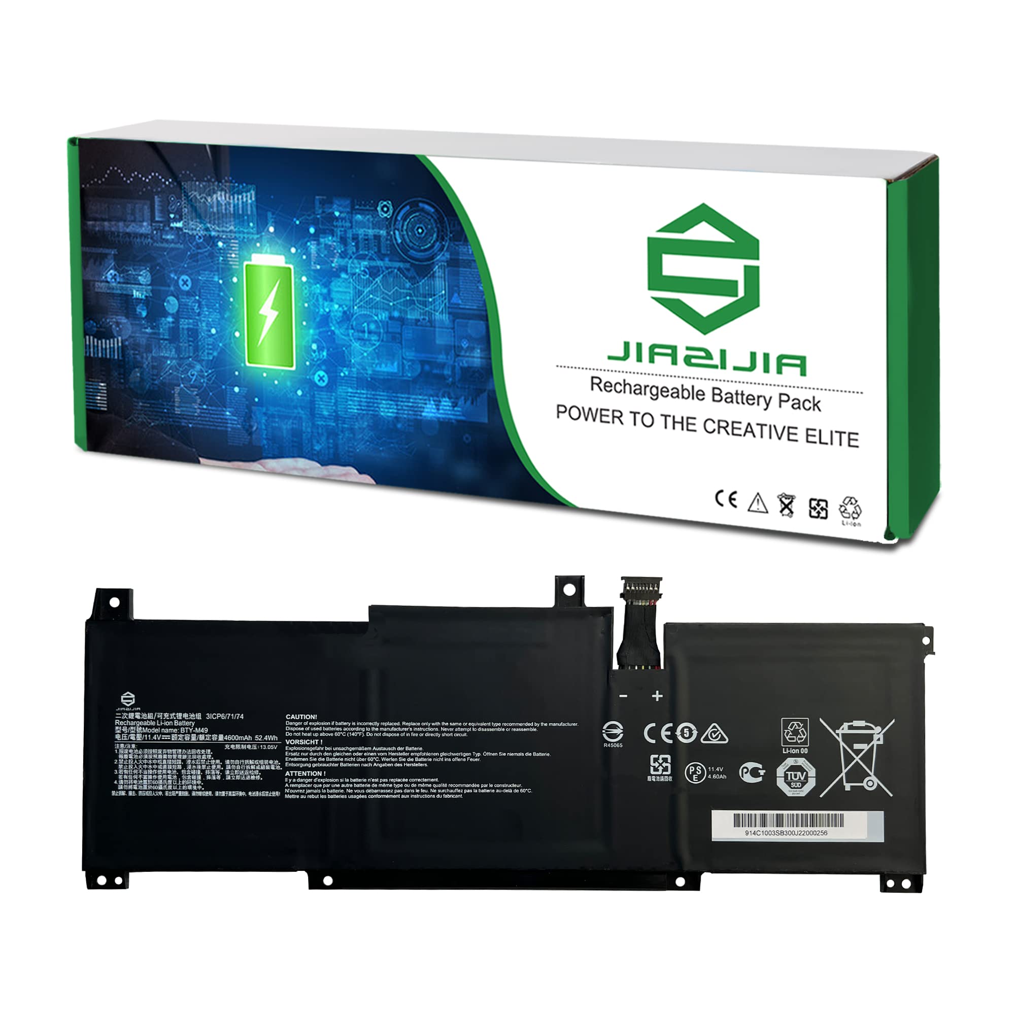 JIAZIJIABTY-M49 Laptop Battery Replacement for MSI Prestige 14 A12M MS-14C1 MS-14D1 Series Notebook Black 11.4V 52.4Wh 4600mAh