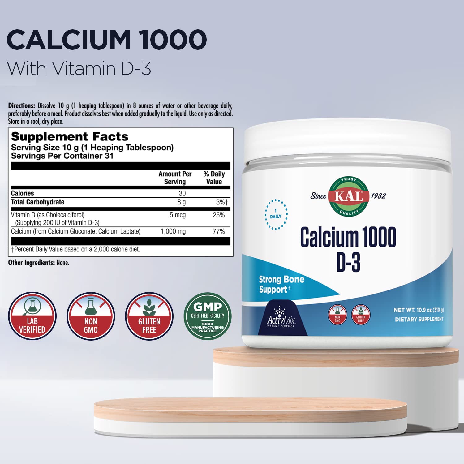 KAL Calcium Vitamin D-3 ActivMix, Powder Calcium Supplement, Bioavailable Calcium Lactate and Gluconate, Bone Health Support, Unflavored, Non-GMO, Gluten Free, 60-Day Guarantee, 31 Servings, 10.9 oz — Amazon image 2