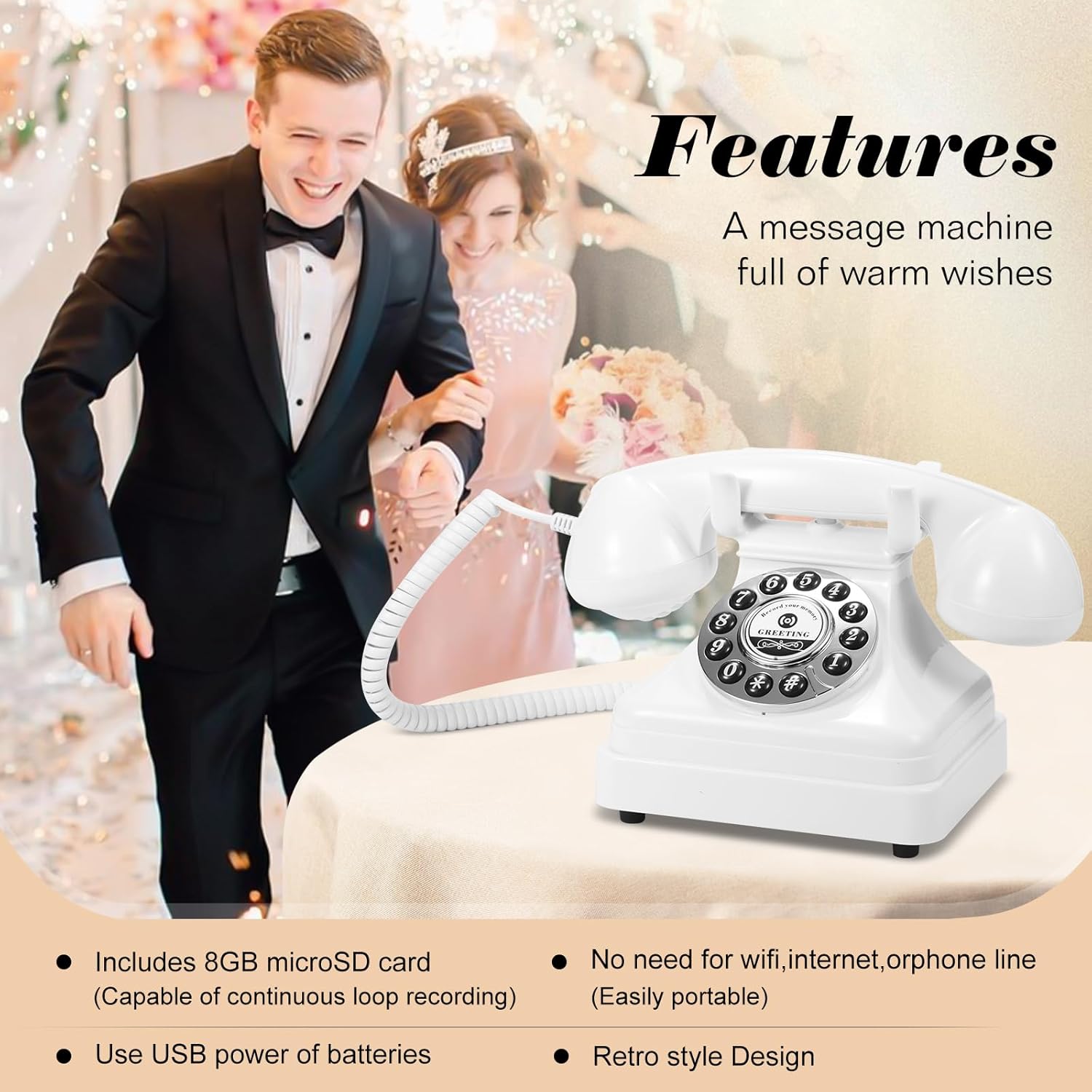 Audio Guest Book Wedding Phone,Audio Guestbook Phone Vintage Style Audio Message Voicemail for Graduation Retirement Party Birthdays Baby Shower Special Occasions (White) (White)