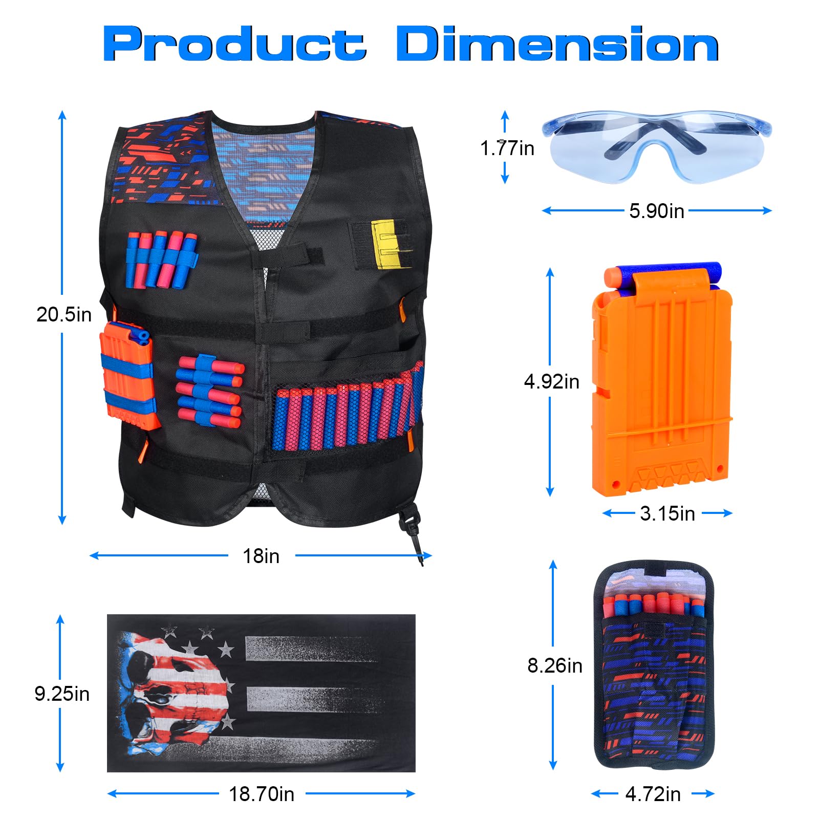 Kamizelka taktyczna dla dzieci, zestaw do Nerf N Strike Elite, akcesoria Nerf z magazynkiem do szybkiego ładowania, strzałki, opaski na nadgarstek, okulary, bandana dla chłopców i dziewcząt