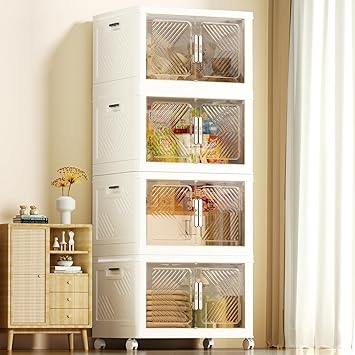Storage Bins with Lid 48QT, Stackable Storage Containers with Wheels and Magnetic Doors, Plastic Clothes Closet Organizers and Storage Box for Pantry, Home and Office (4 Pack)