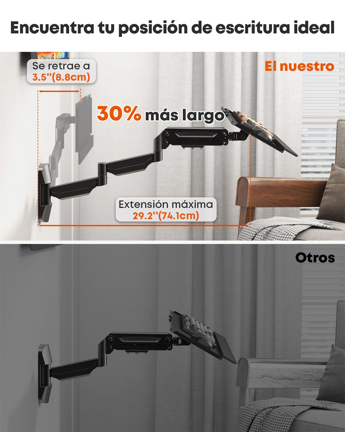 Soporte de Pared para Teclado Extra Largo 65,4 cm – Plataforma de Escritura Completamente Móvil con Brazo de Gas, Giratorio y Regulable en Altura, Capacidad de Carga hasta 9 kg, Negro