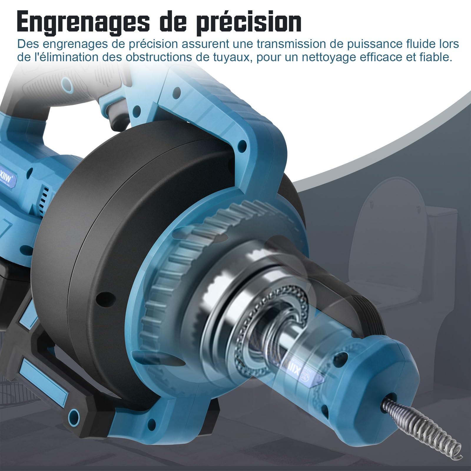 XIIW Furet Déboucheur de Canalisation Électrique Sans Fil 18V(MAX 21V), Spirale 7,6m, Pour Tuyaux Ø16-85mm, Rotation Avant/Arrière, Batteries Incluses, Outil de nettoyage de tuyaux professionnel