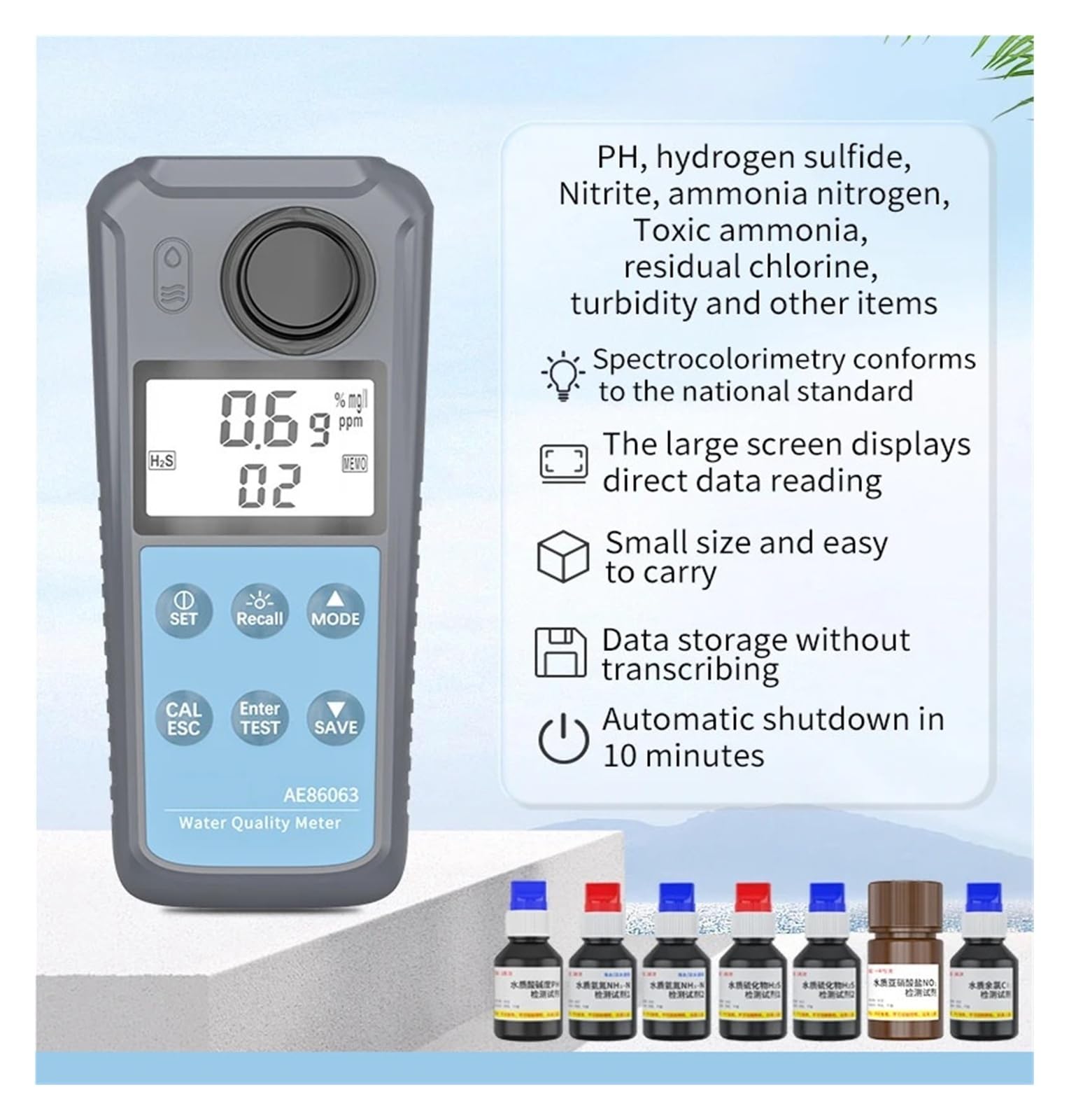 AE86063 Testeur De Qualité De L'eau PH De Laboratoire/piscine/aquarium Écran rétroéclairé | Compteur numérique d'hydrogène, de nitrite, de chlore résiduel, d'ammoniaque et d'azote