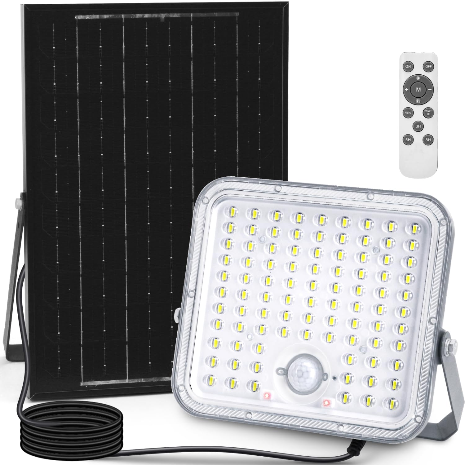 Aigostar Foco LED solar exterior con gran panel solar,Súper Luminoso,8000mAH,Batería gran capacidad,Impermeable IP66 Luz Solar,lampara solar con detección de movimiento para jardín,6500K